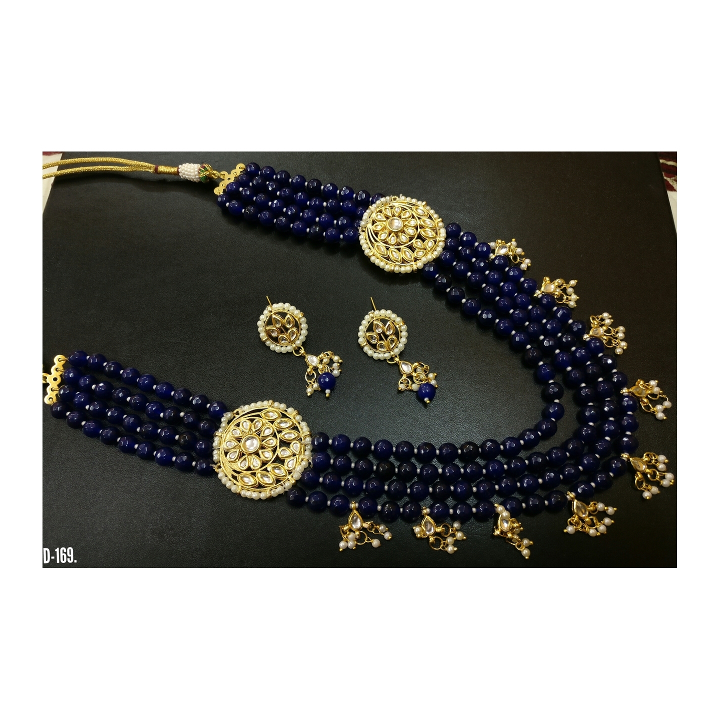 Kundan Triple Layer Necklace With Earring Blue Onyx Pearls