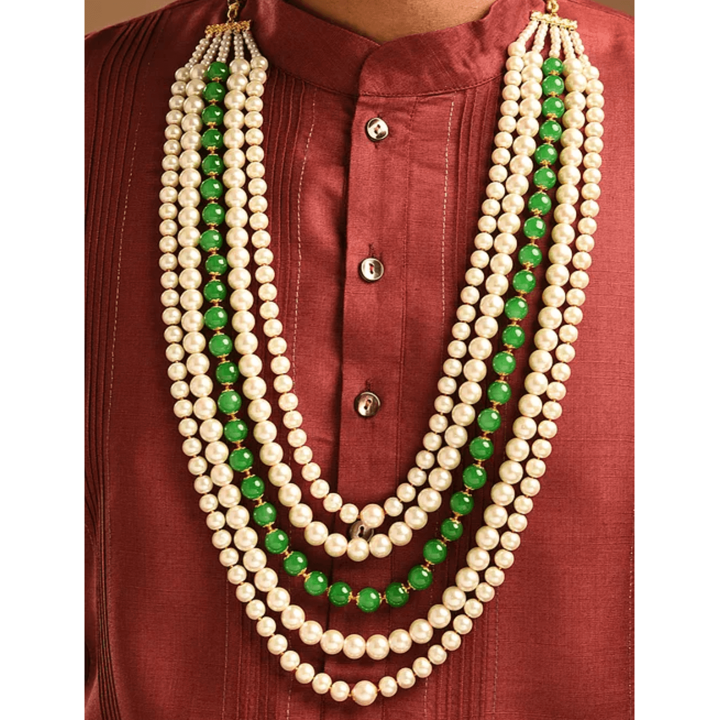 White & Green Pearl Multi Layer Necklace for Men