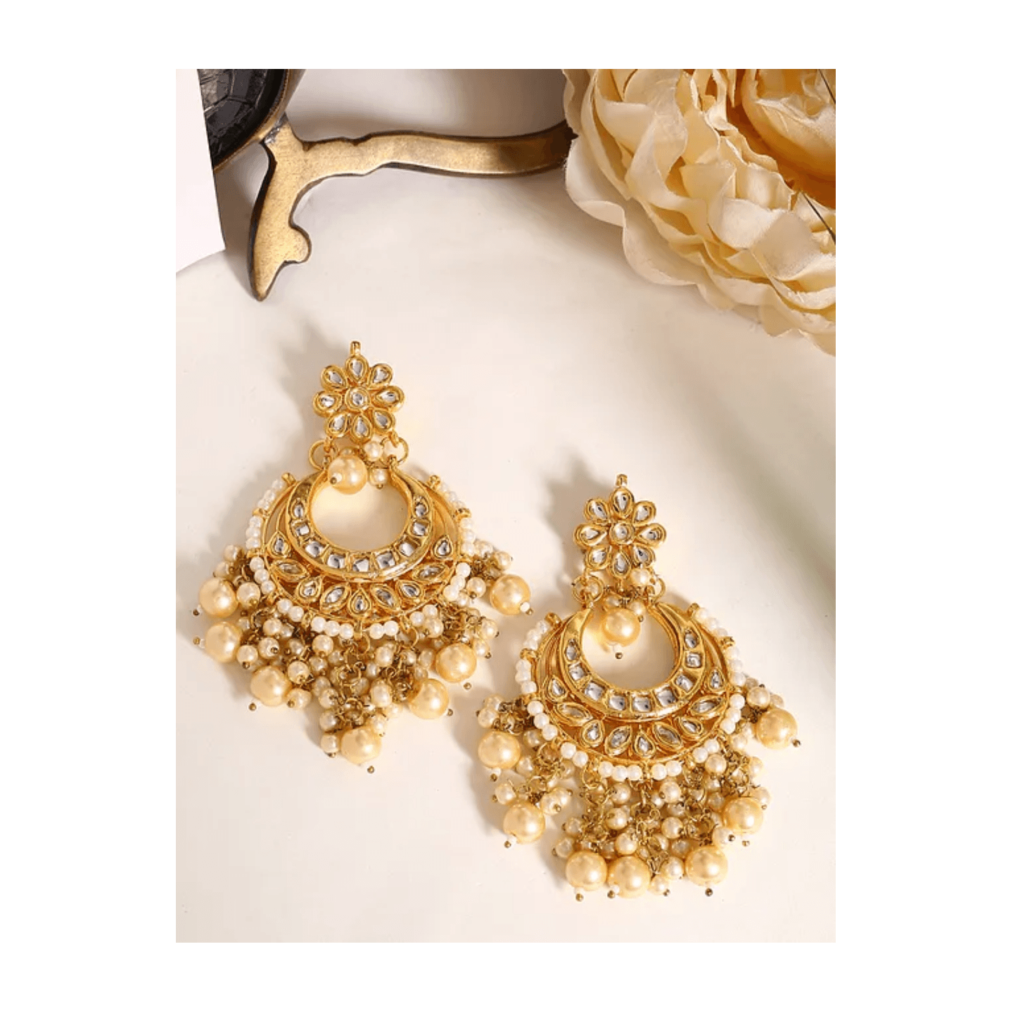 Gold Tone Kundan Earring With Pearl