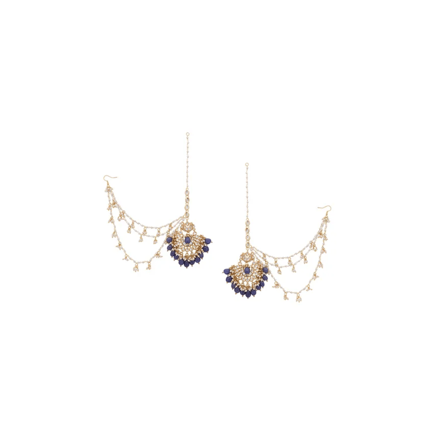 Blue Gold Tone Kundan Earring With Ear Chains