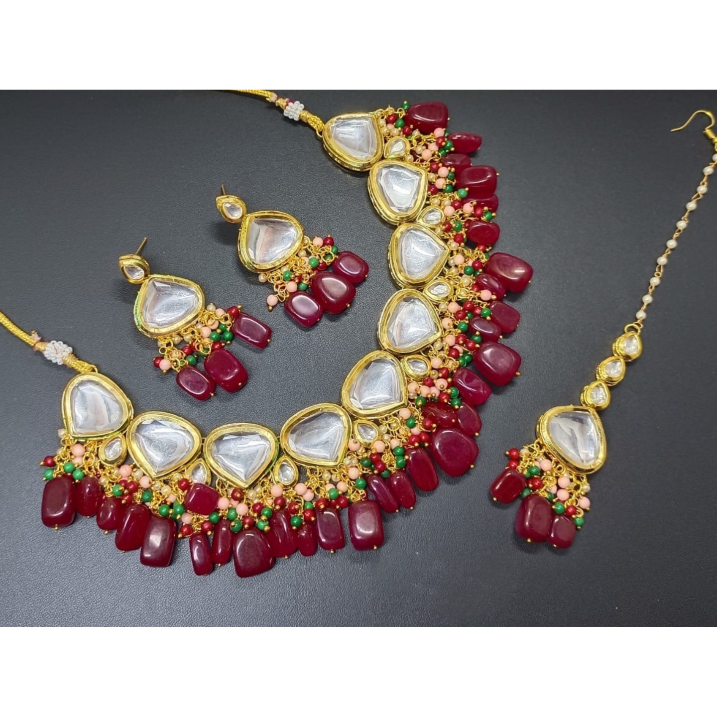 Gold Tone Kundan Necklace Set With Earring Tikka Ruby Maroon Onyx Stone