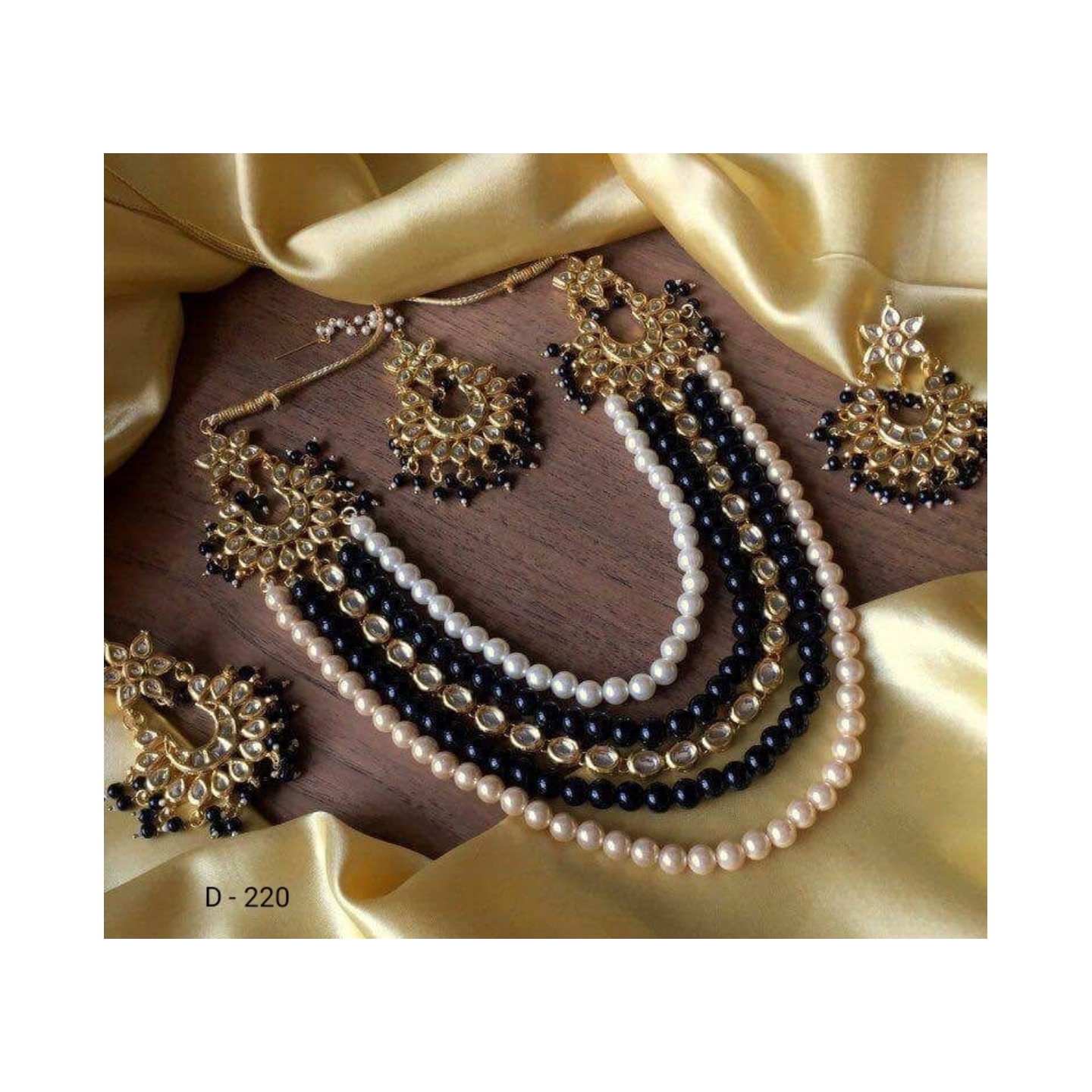 High Quality Triple Layer Long Set With Earring, Tikka White Onyx Peral