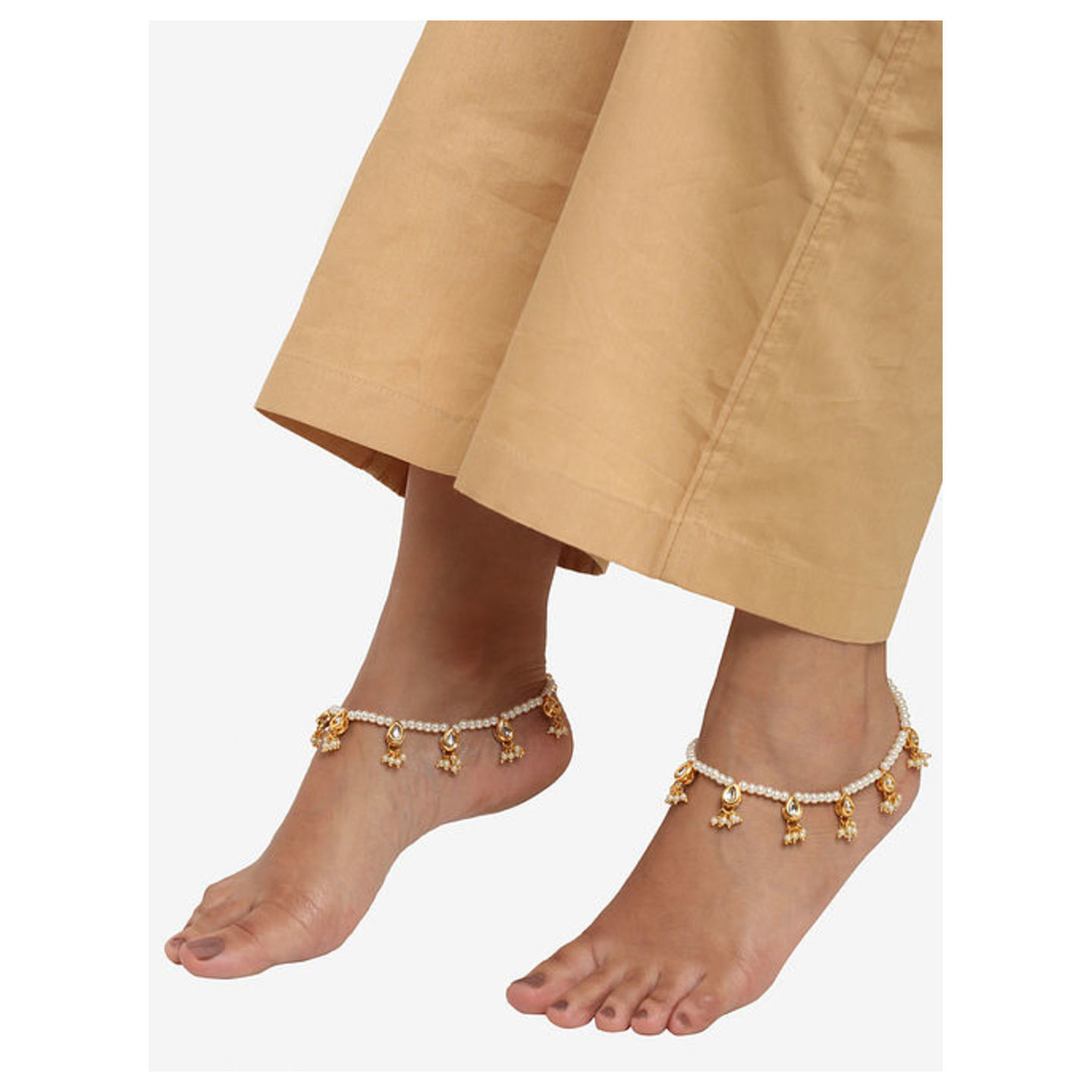 High Quality Kundan Anklets Golden Peral
