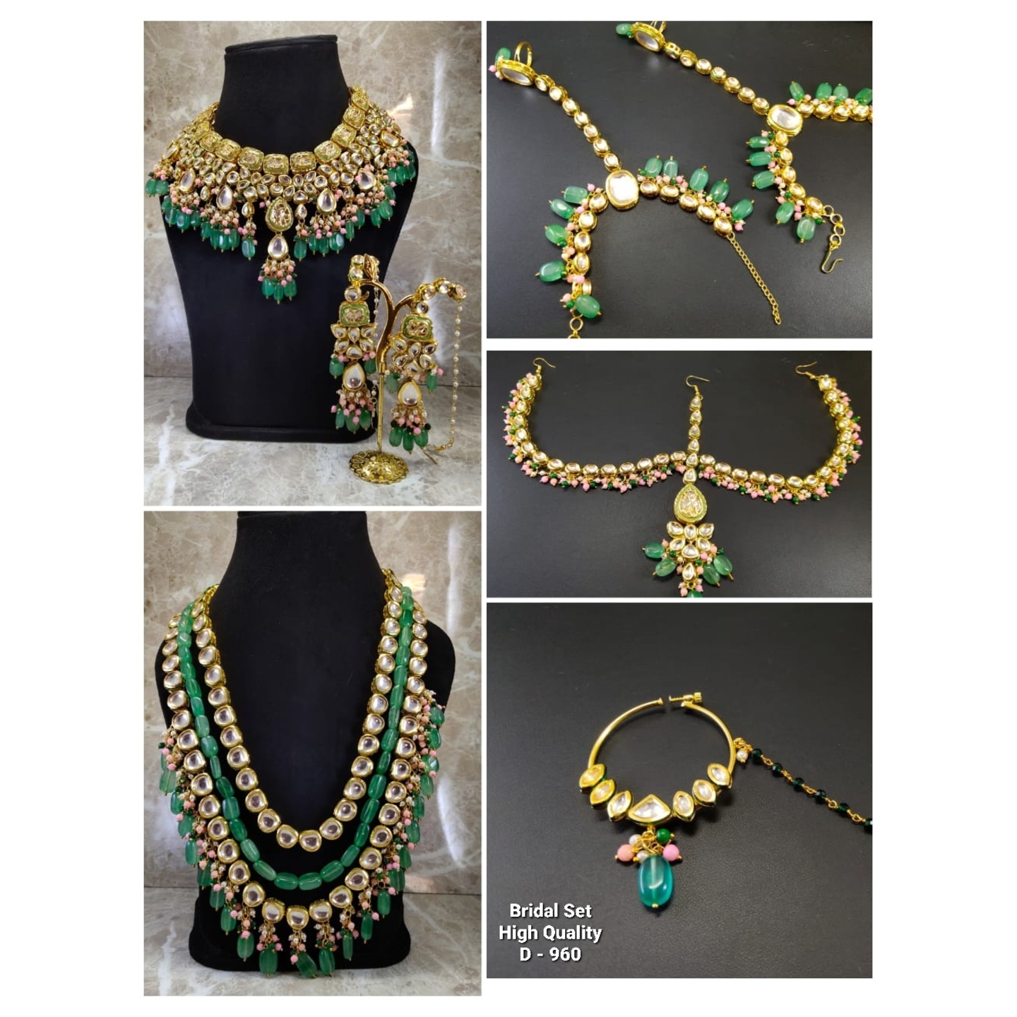 High Quality Kundan Polki Full Bridal Set with Green Onyx Stones