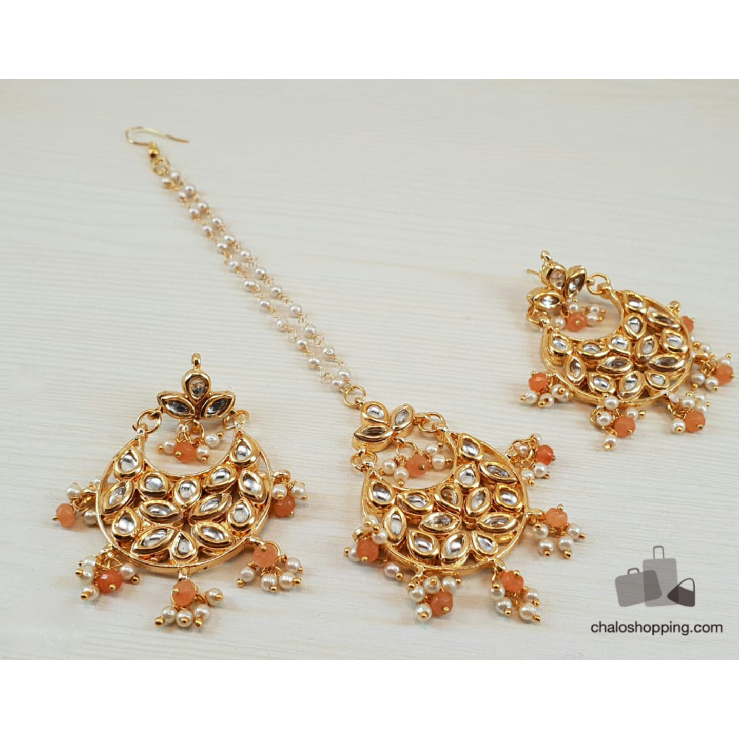 Kundan Earring & Tika Set Orange Glass Beads