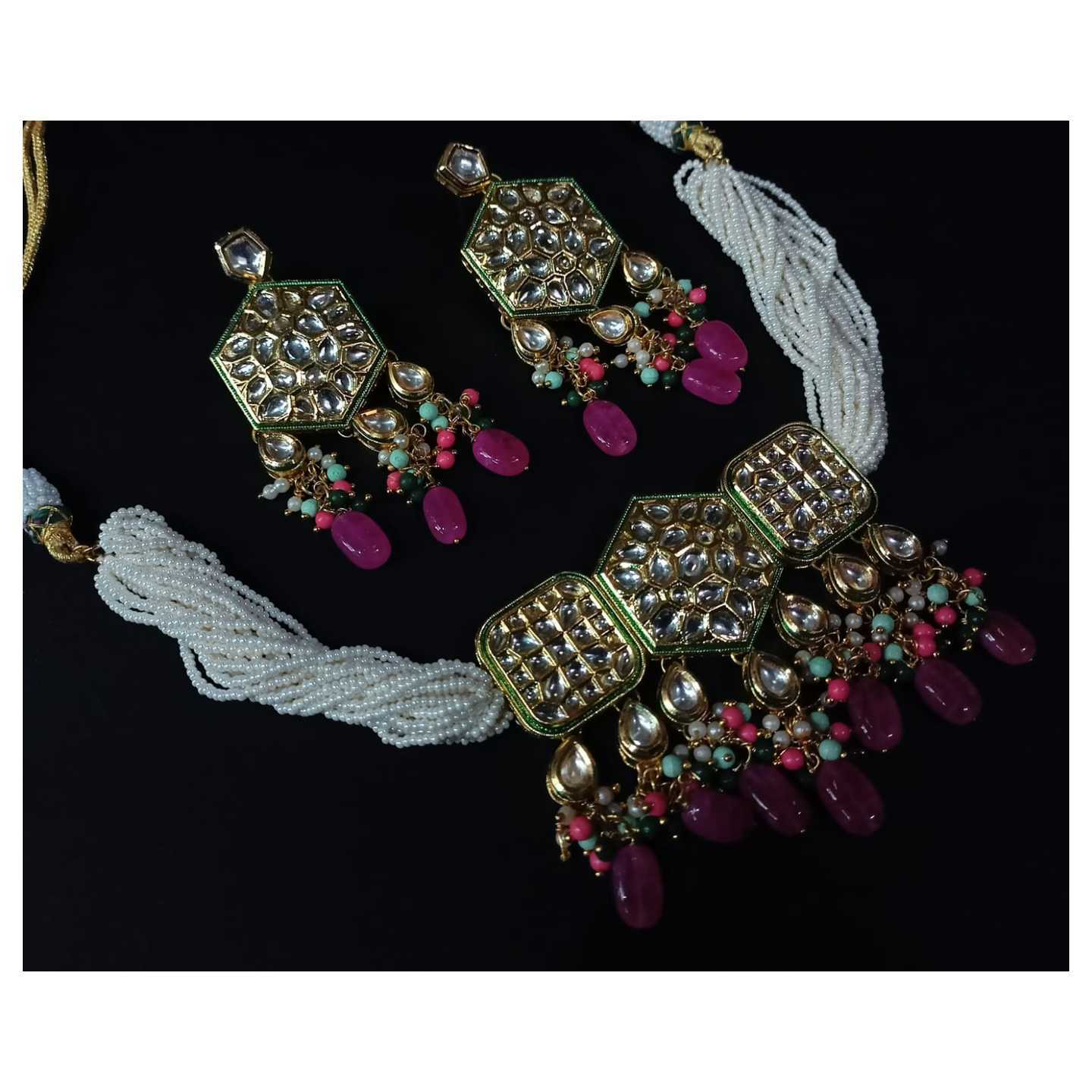 Purple Gold Tone Kundan Necklace Set With Earring Onyx Stone