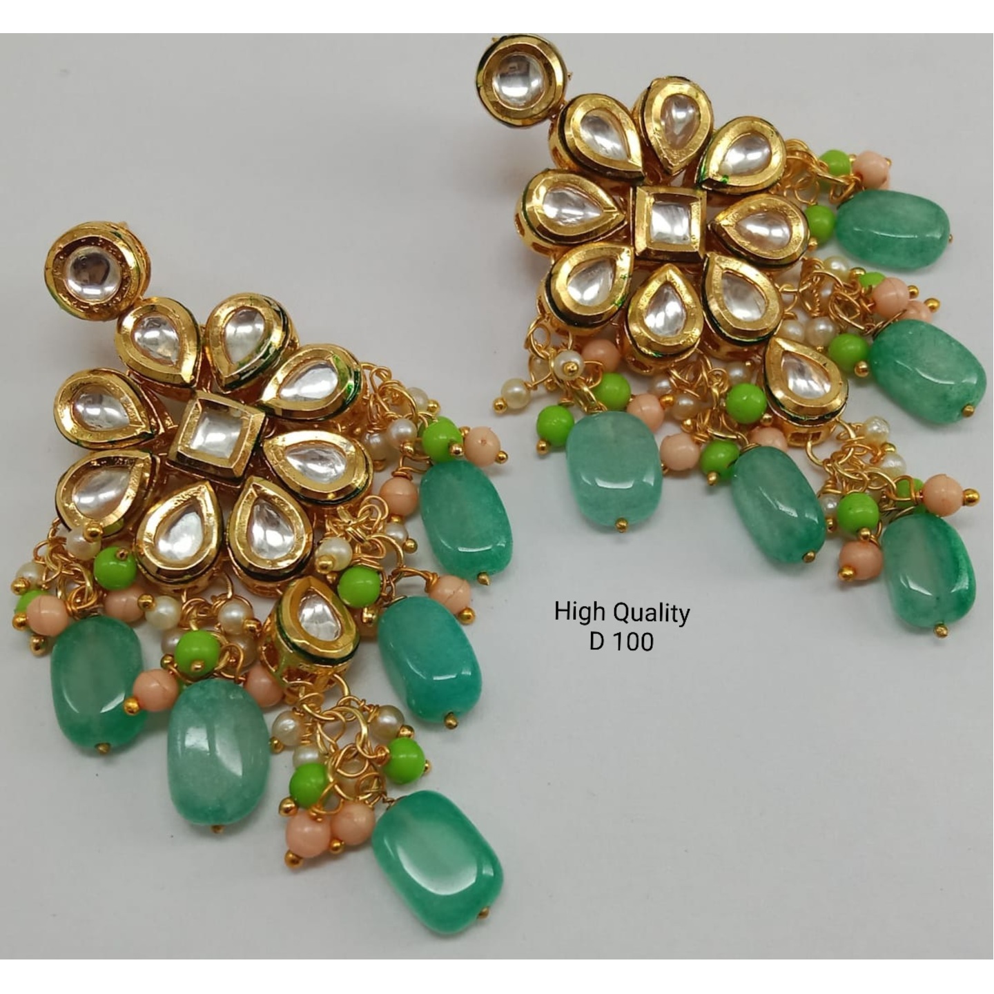 Gold Tone Kundan Earring Green Onyx Stone
