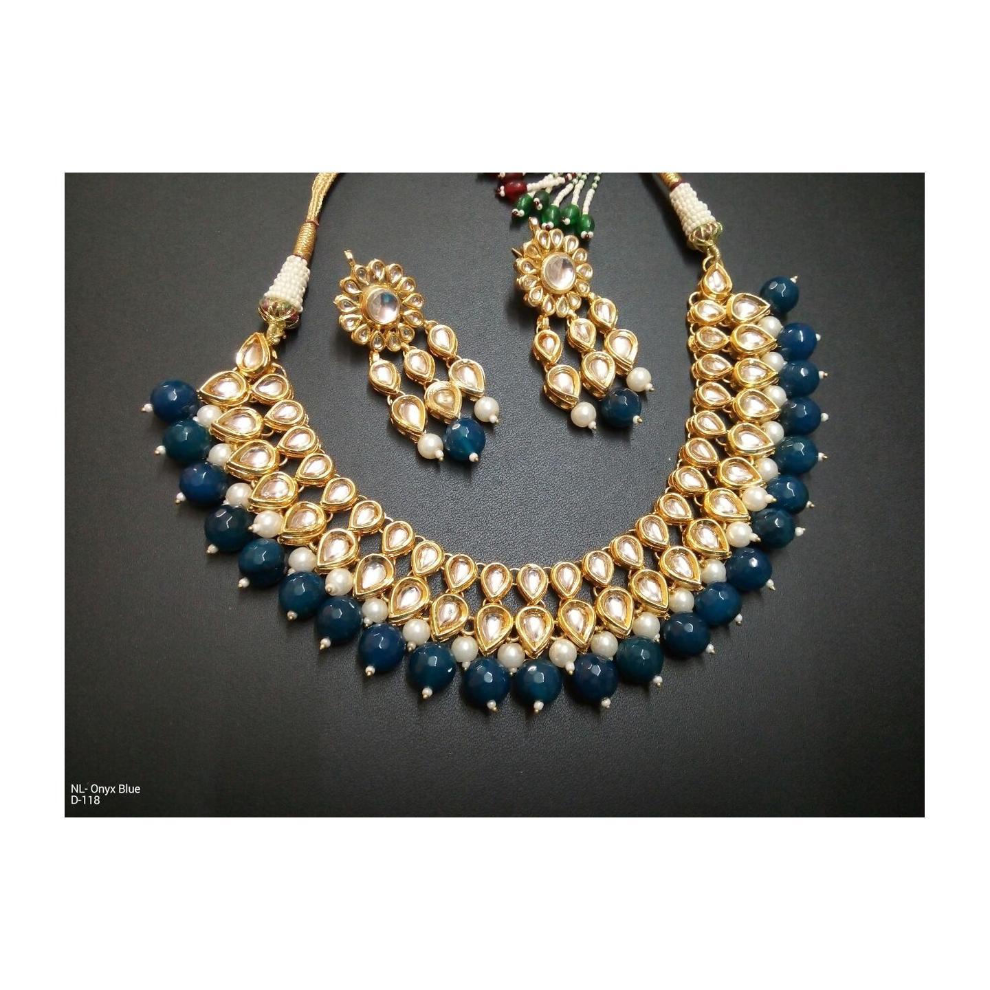 Kundan Choker Necklace Set With Earring Onyx Blue