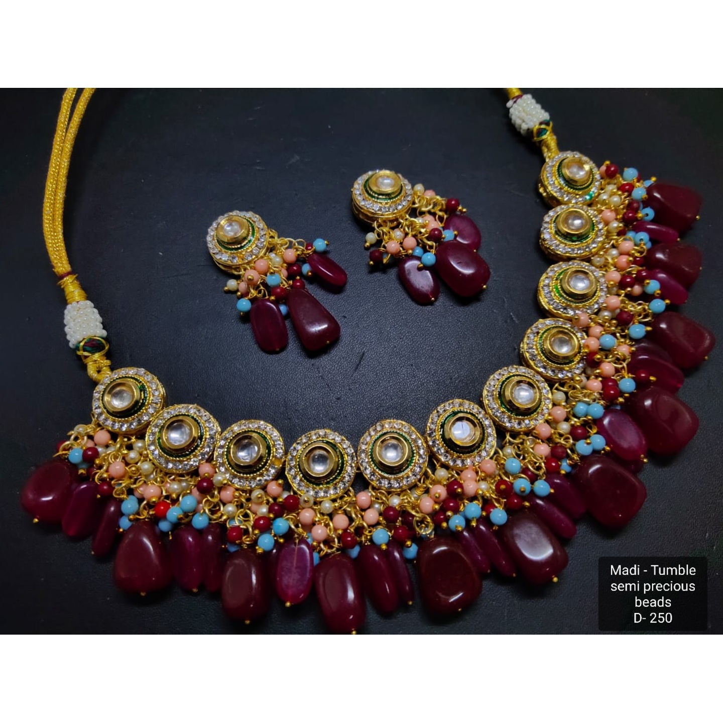 Maroon Agate High Quality Kundan Poth Necklace Set