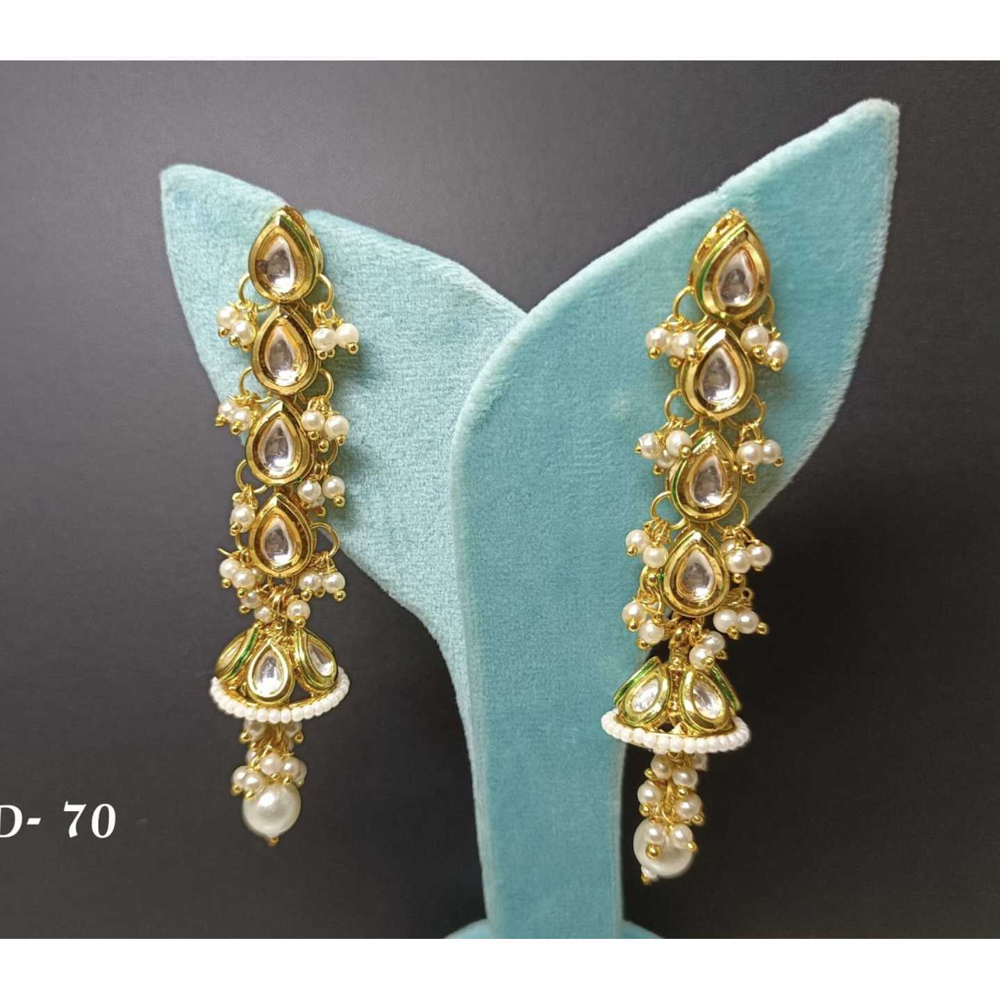 White Gold  Tone Kundan Earring Onyx Pearls