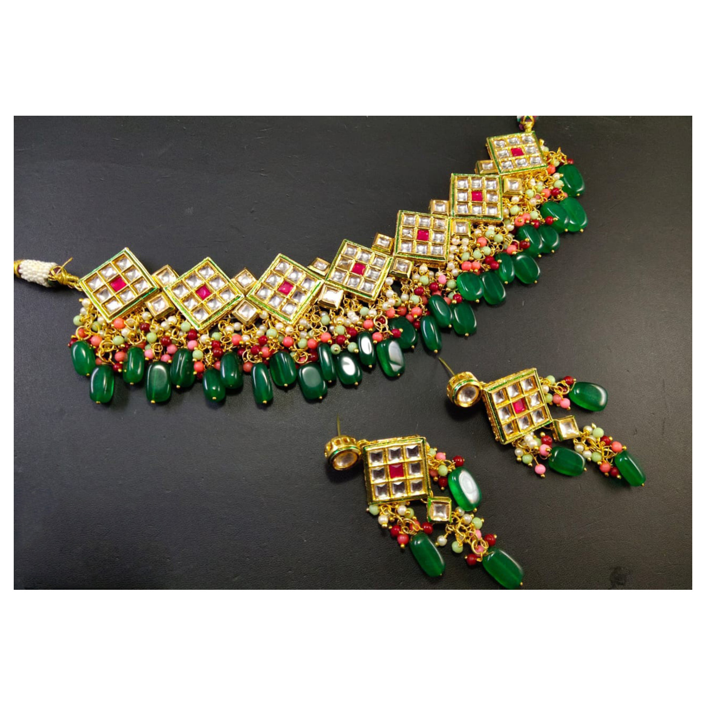 Green Gold Tone Kundan Necklace set With Earring Onyx Stone