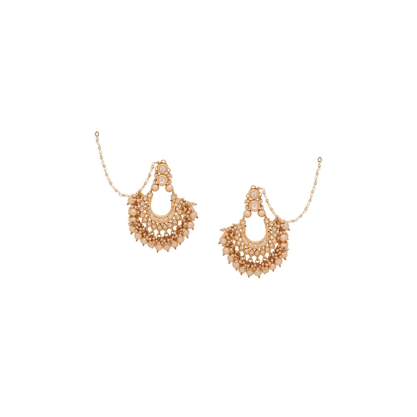 Gold Tone Kundan Earring With Ear Chains