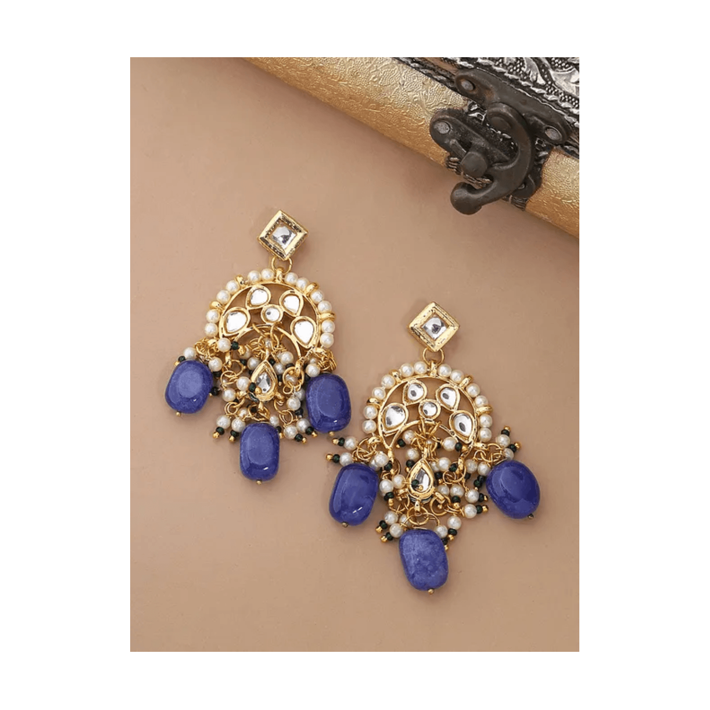 Blue Gold Tone Kundan Earring With Pearls