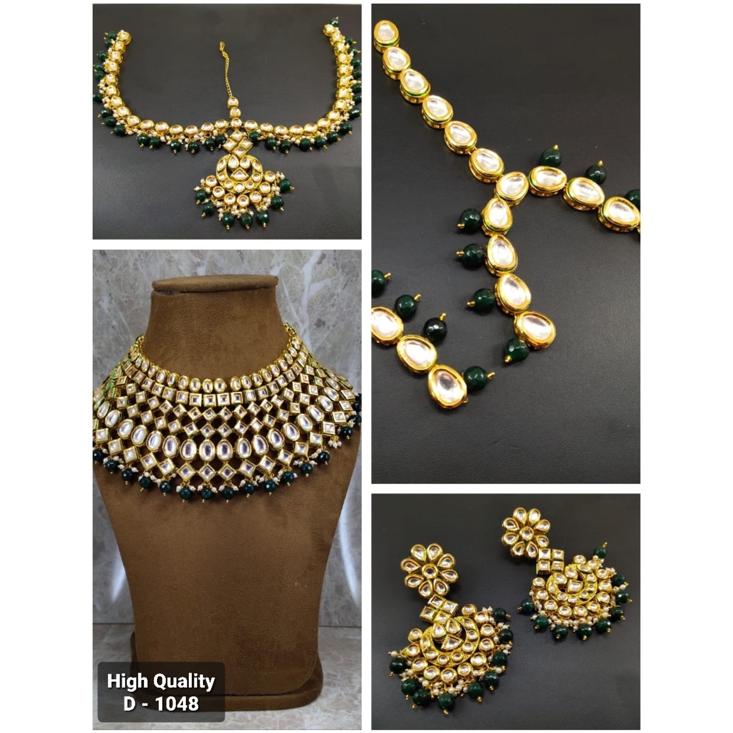 High Quality Kundan Polki Full Bridal Set with Green Onyx Stones