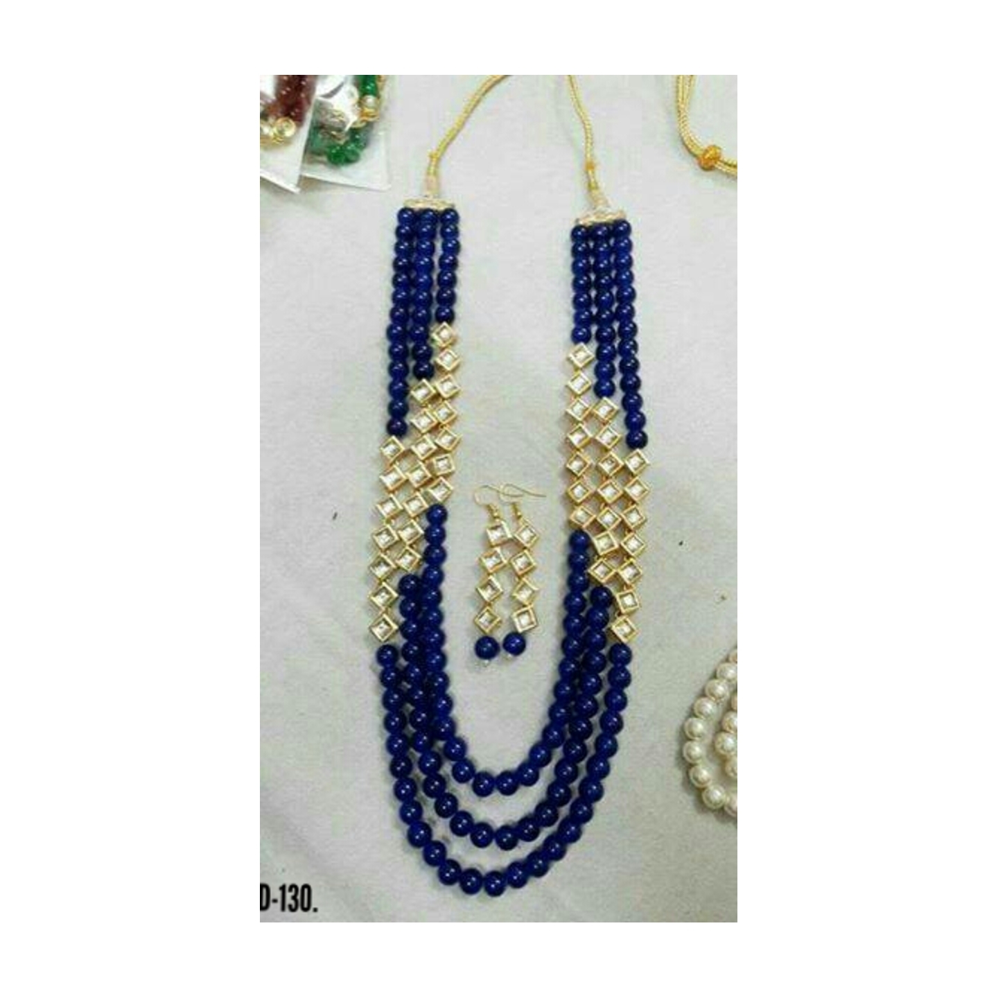 Kundan Triple Layer Long Necklace Set With Earring Blue Onyx Pearl