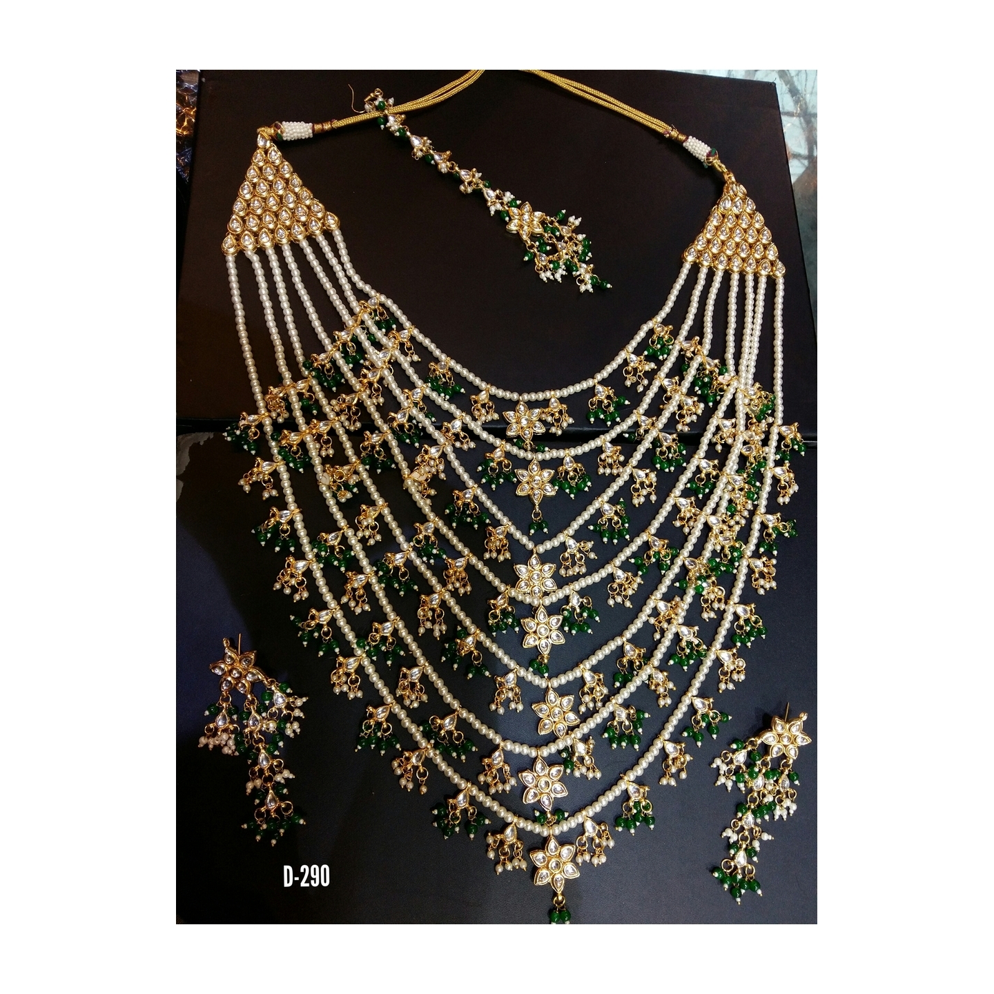 Multi Layer Kundan Necklace Set With Earring, Tikka Green Pearl
