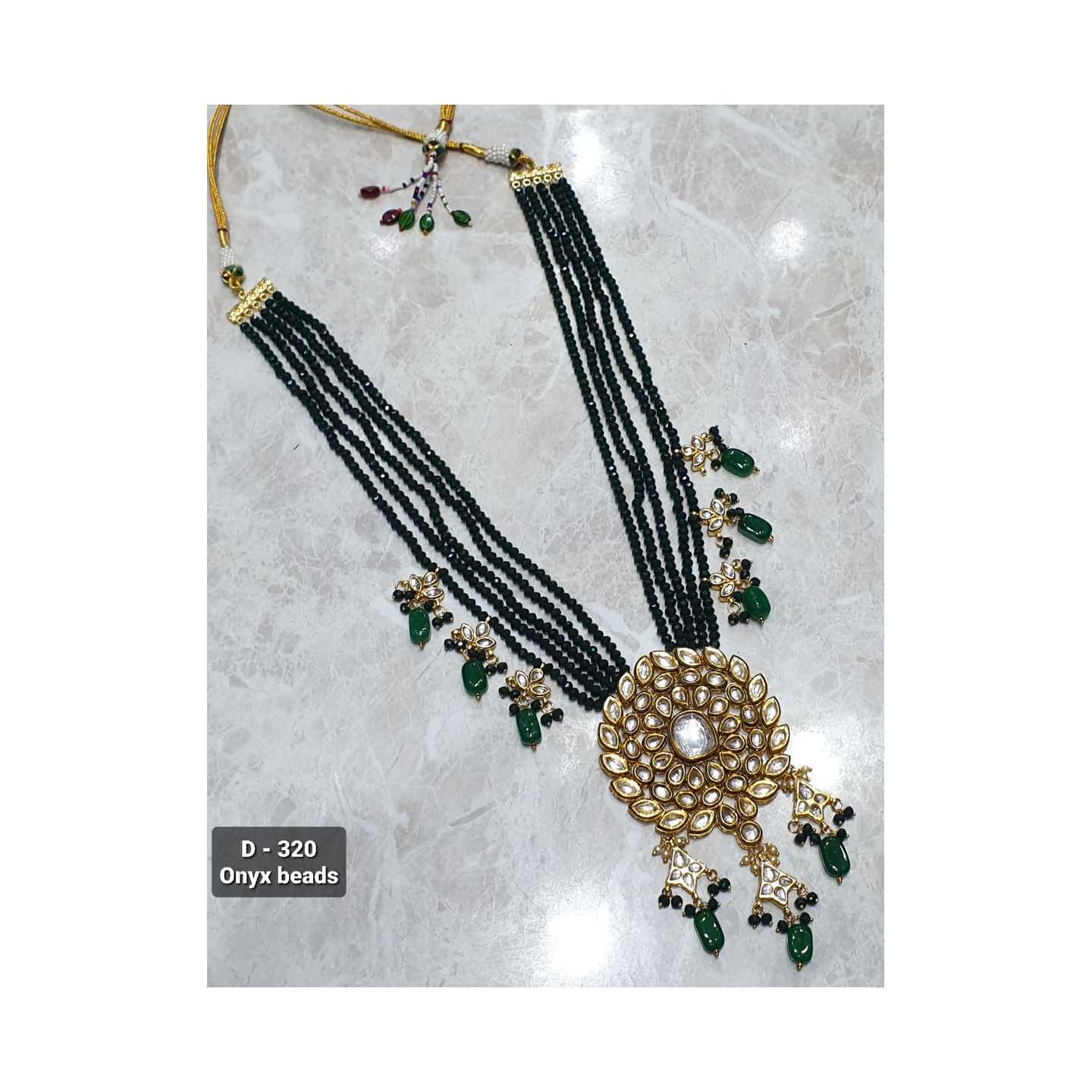 Kundan Necklace Long Set in Black with Earrings