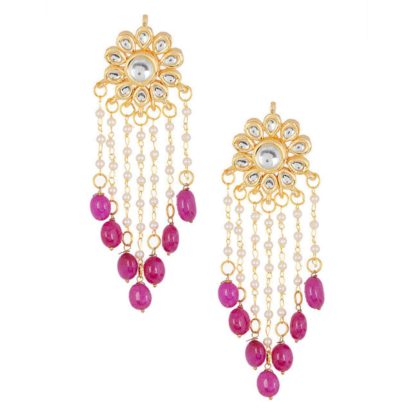 Pink Kundan-inspired Gold Tone Earrings with Floral Design