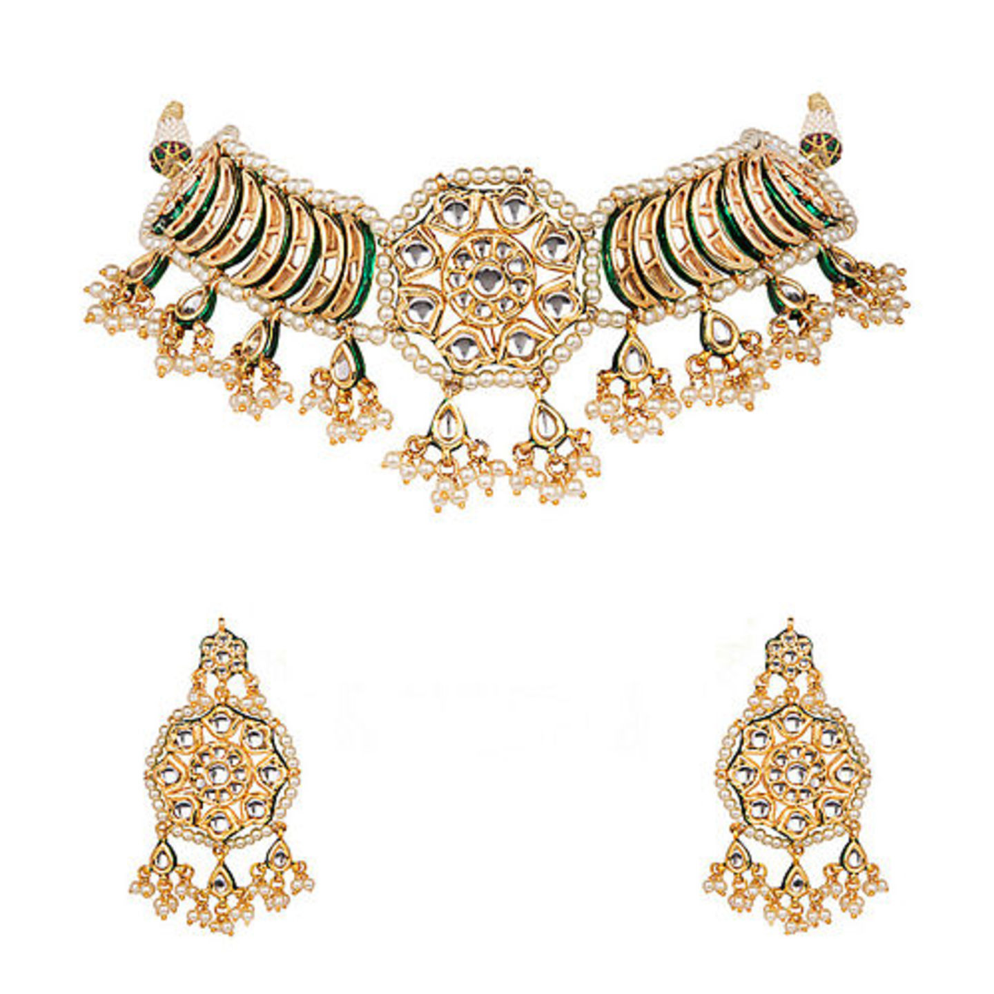 Gold Tone Kundan Inspired Choker Pearl Necklace with EarringsSet of 2