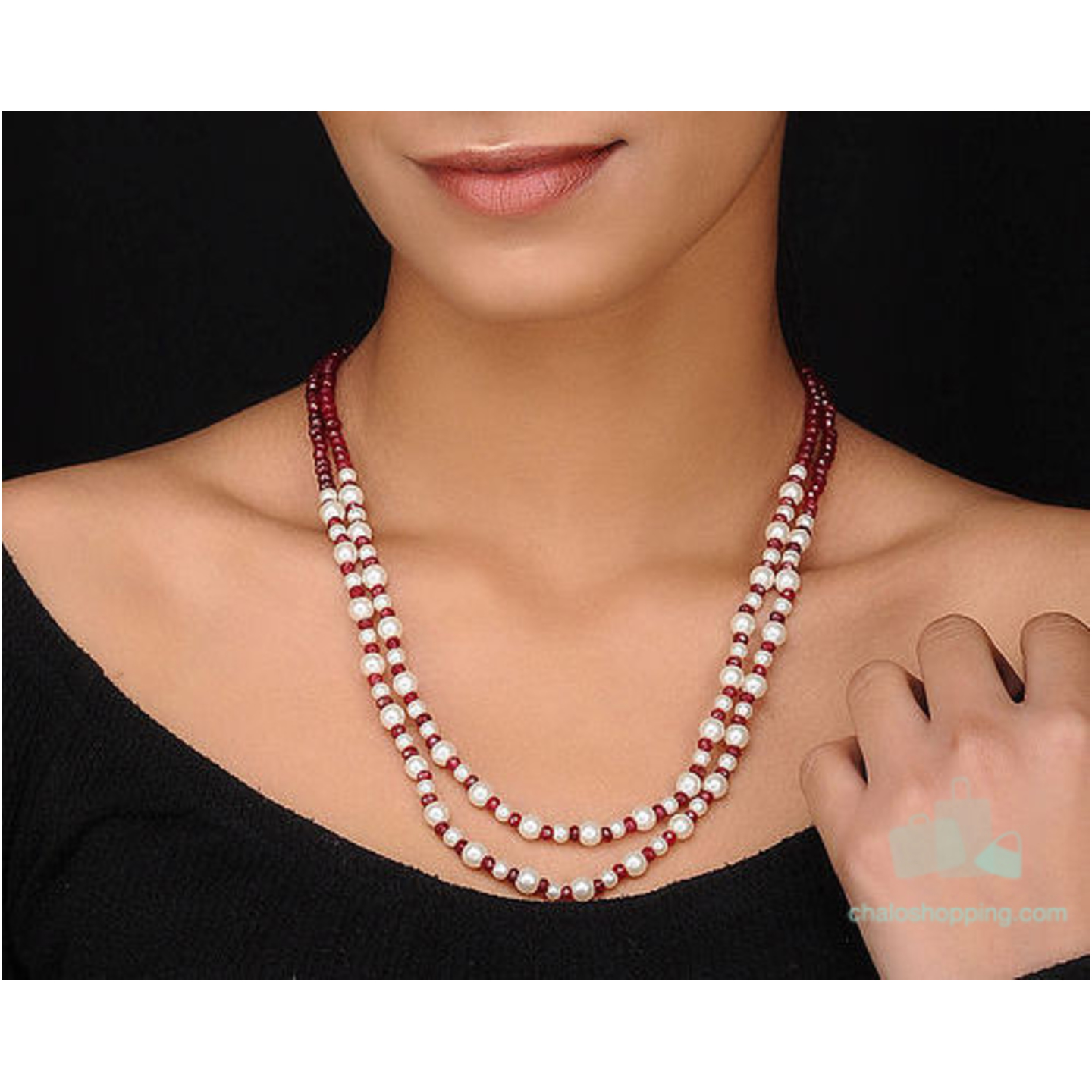 Red Onyx and Faux Pearl Double Layer Necklace