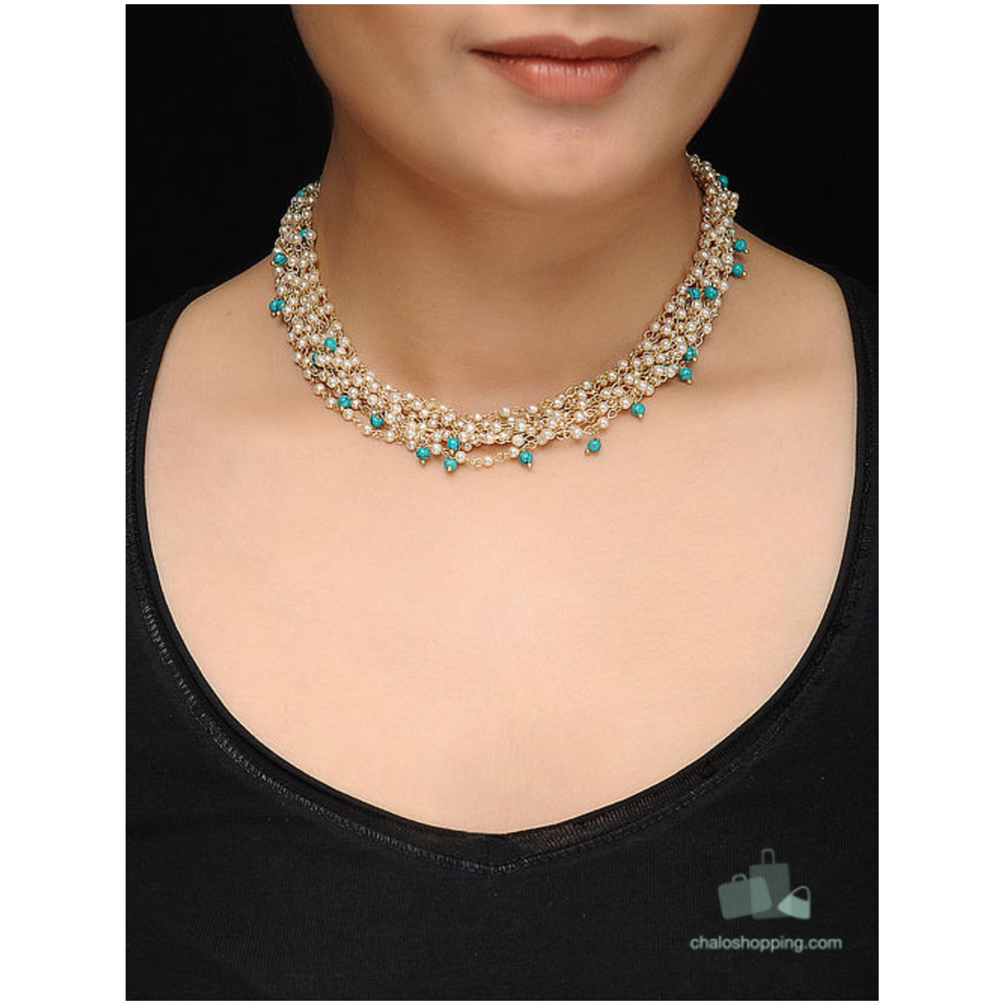 Firoza and Faux Pearl Multi String Necklace