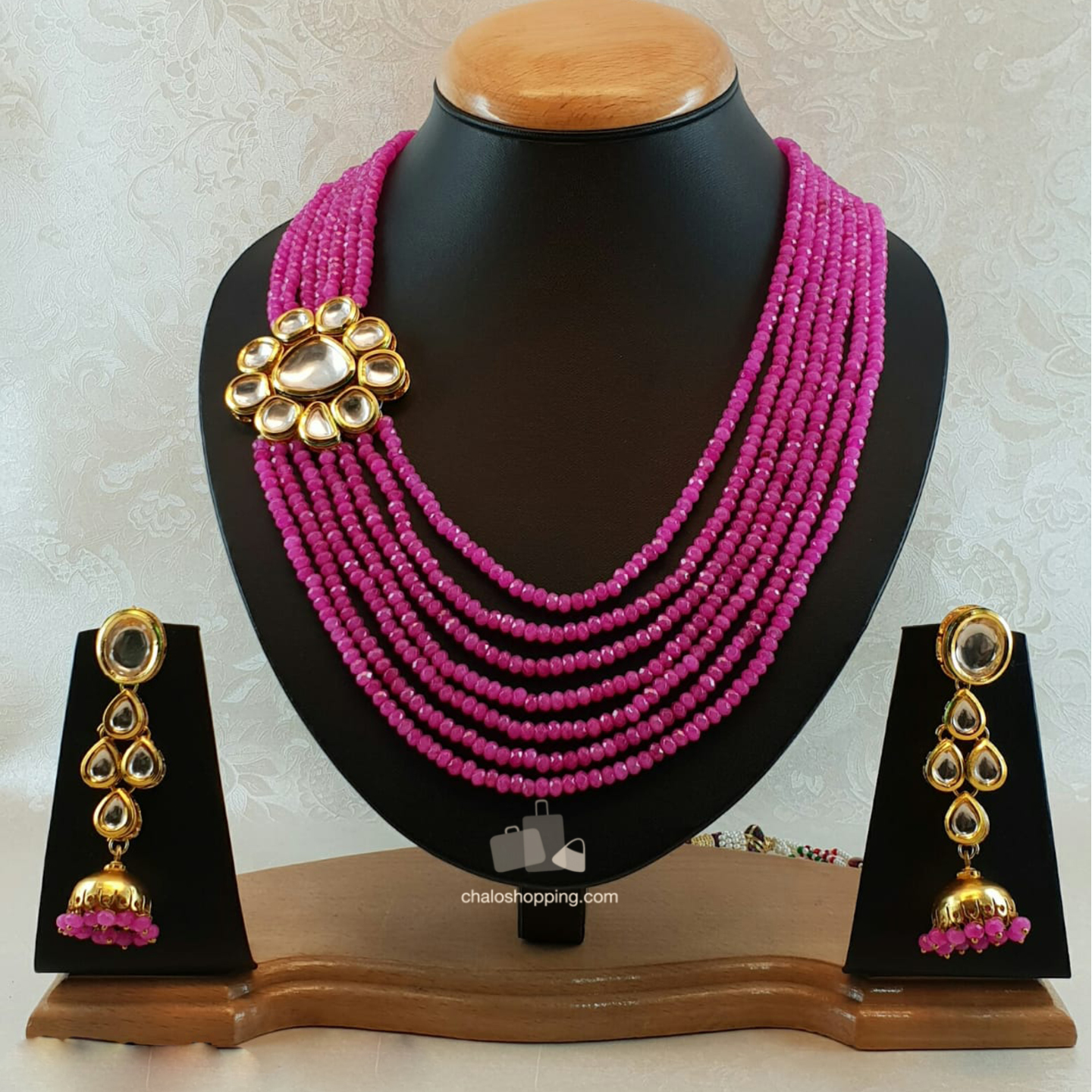 High Quality Kundan Inspired Fuscia Onyx Necklace Set