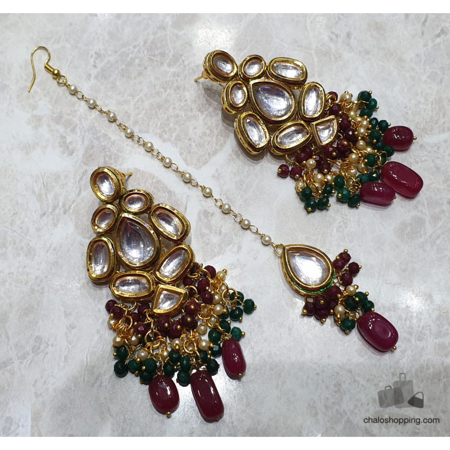 High Quality Kundan Multicolor Onyx Earrings and Tika Set