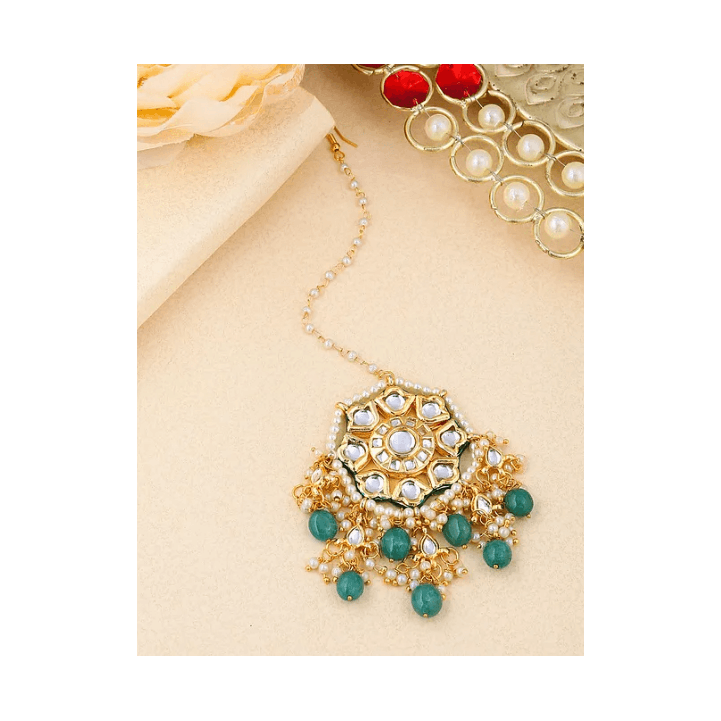 Green Gold Tone Kundan Beaded Maangtikka