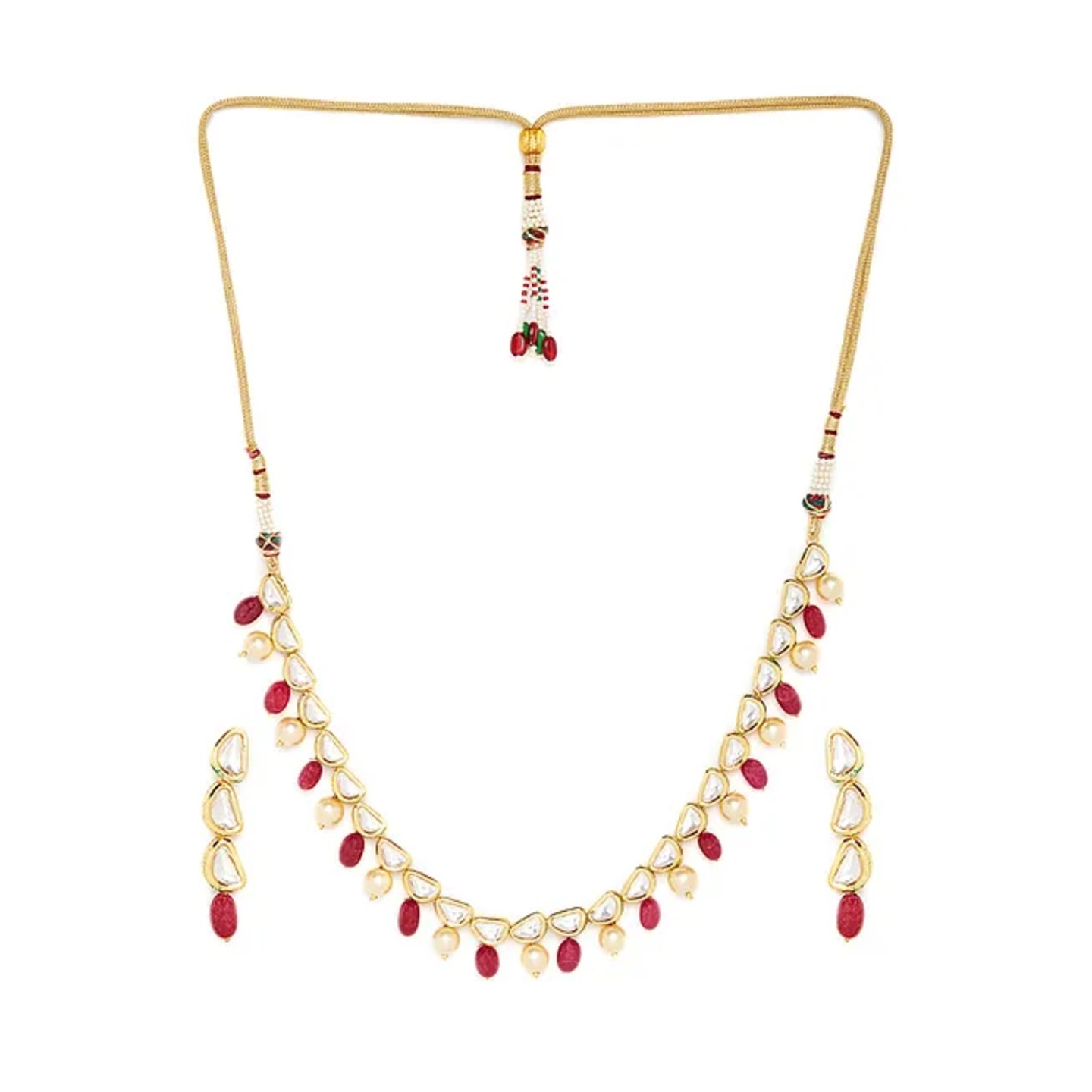 Red Gold Tone Kundan Inspired Necklace with Earrings