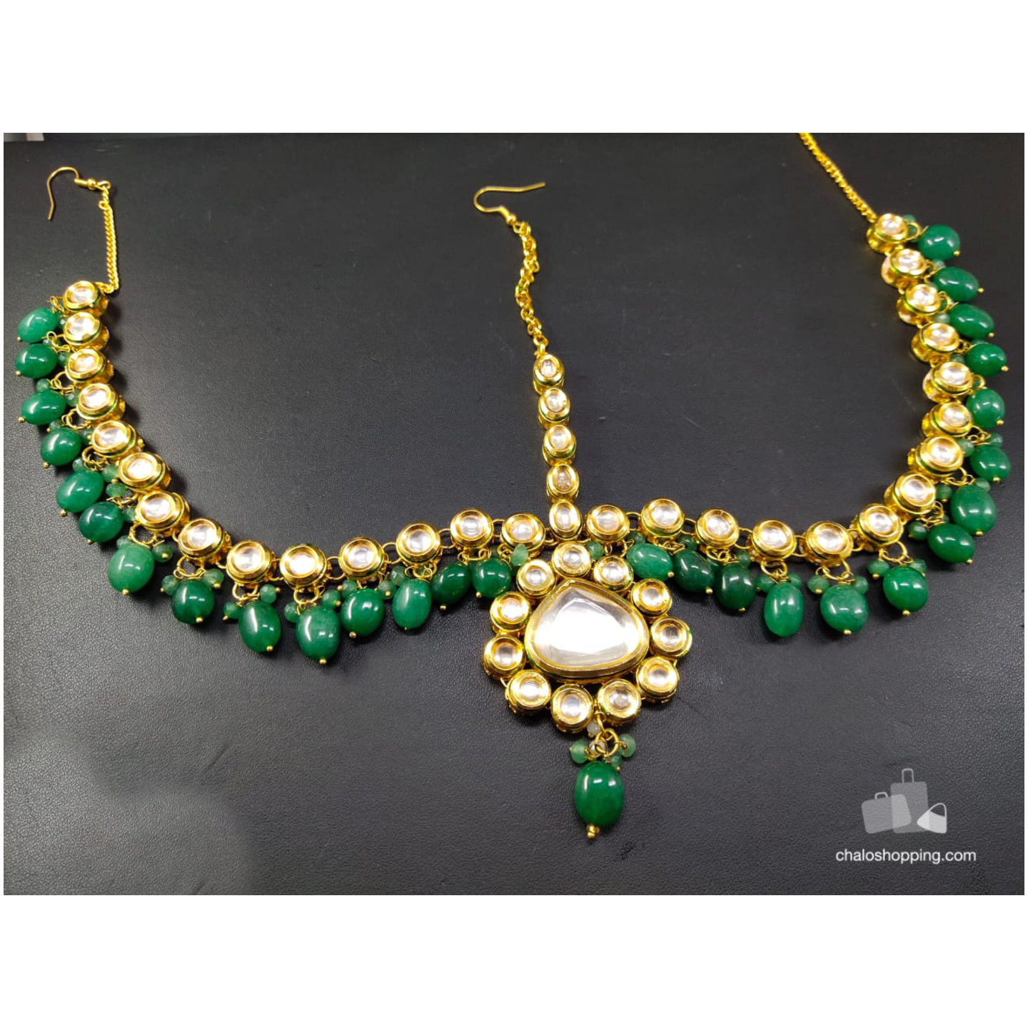 High Quality AD Kundan Mathapatti Green Onyx