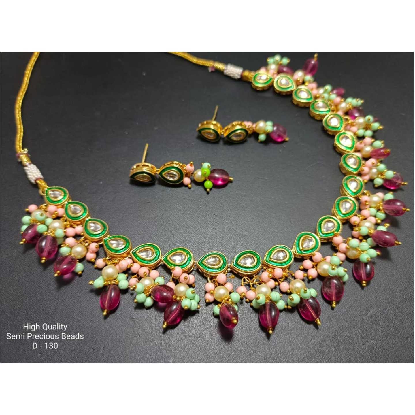 Pink Green Beads Gold Tone Kundan Necklace Set With Earring Purple Onyx Stone