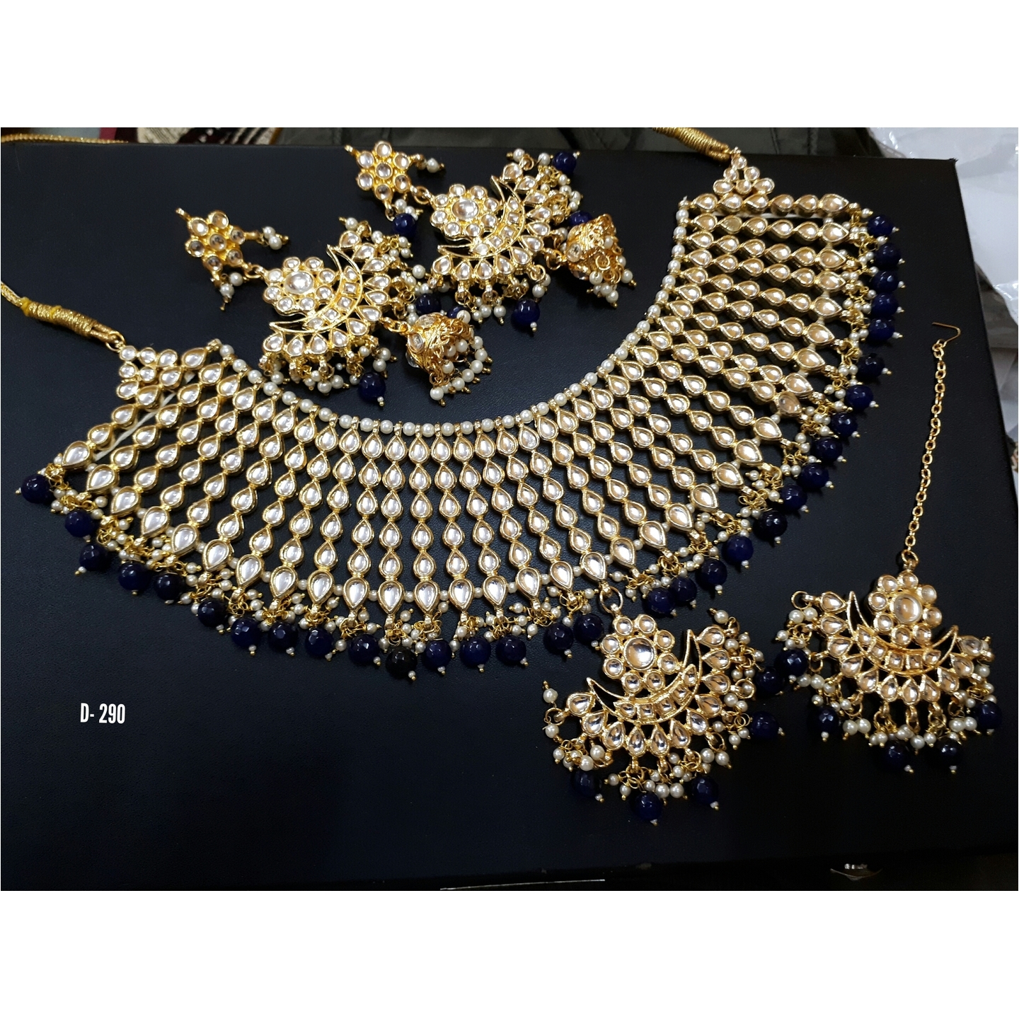 Gold Tone Kundan Necklace Set With Earring Tikka Blue Onyx Pearls