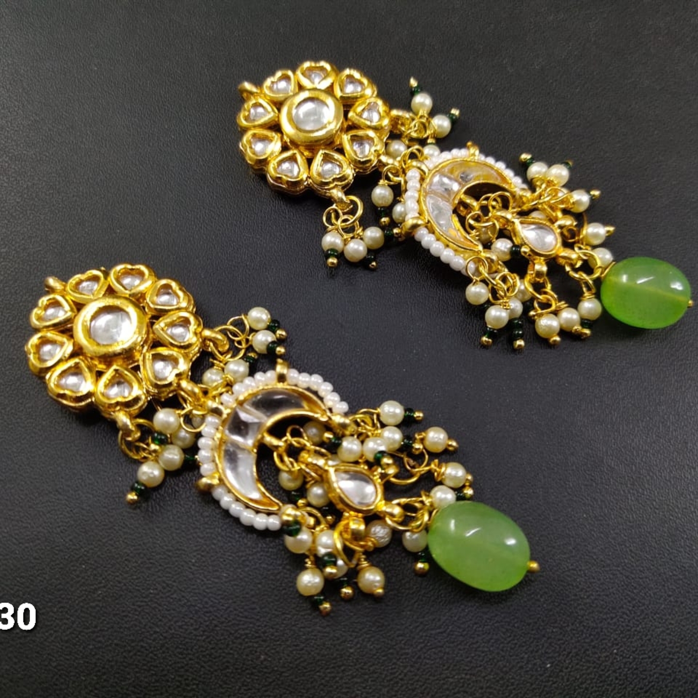 Gold Tone Kundan Earring Light Green Stone