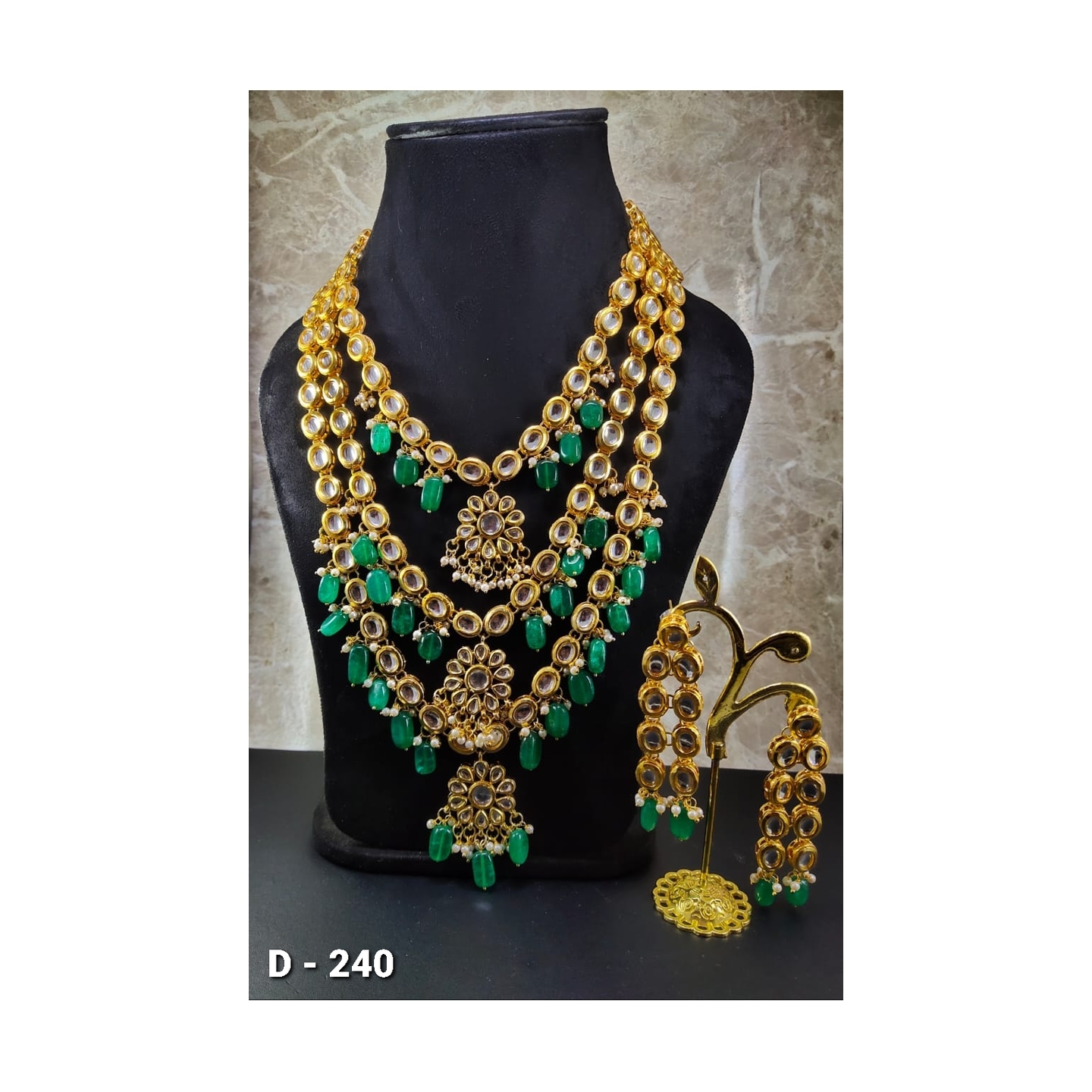 High Quality Green Onyx And Faux Pearl Double Layer Necklace With Earring
