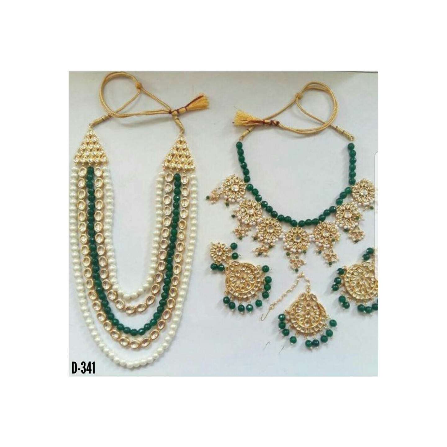 Kundan Choker Multi Layer Necklace Set With Earring ,Tikka  Green Onyx Pearl