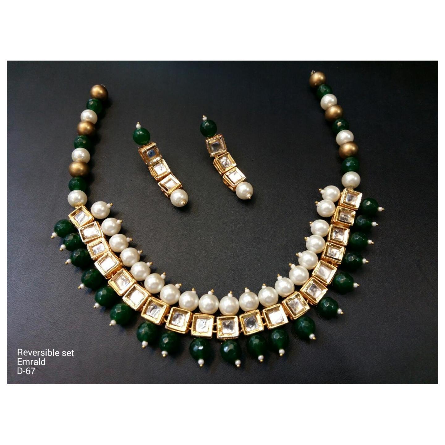 Kundan Necklace Set With Earring Green Onyx Pearl