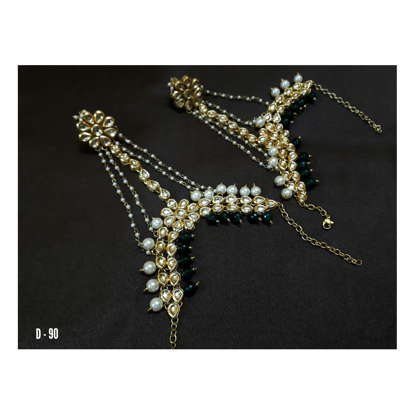 High Quality Kundan Hathphool (Pair Piece)  Green Onyx Pearl