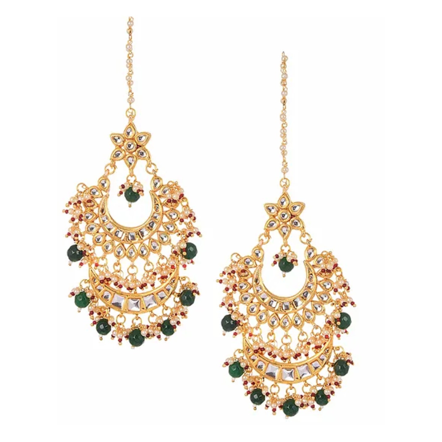 Green Gold Tone Kundan Earring With Ear Chains