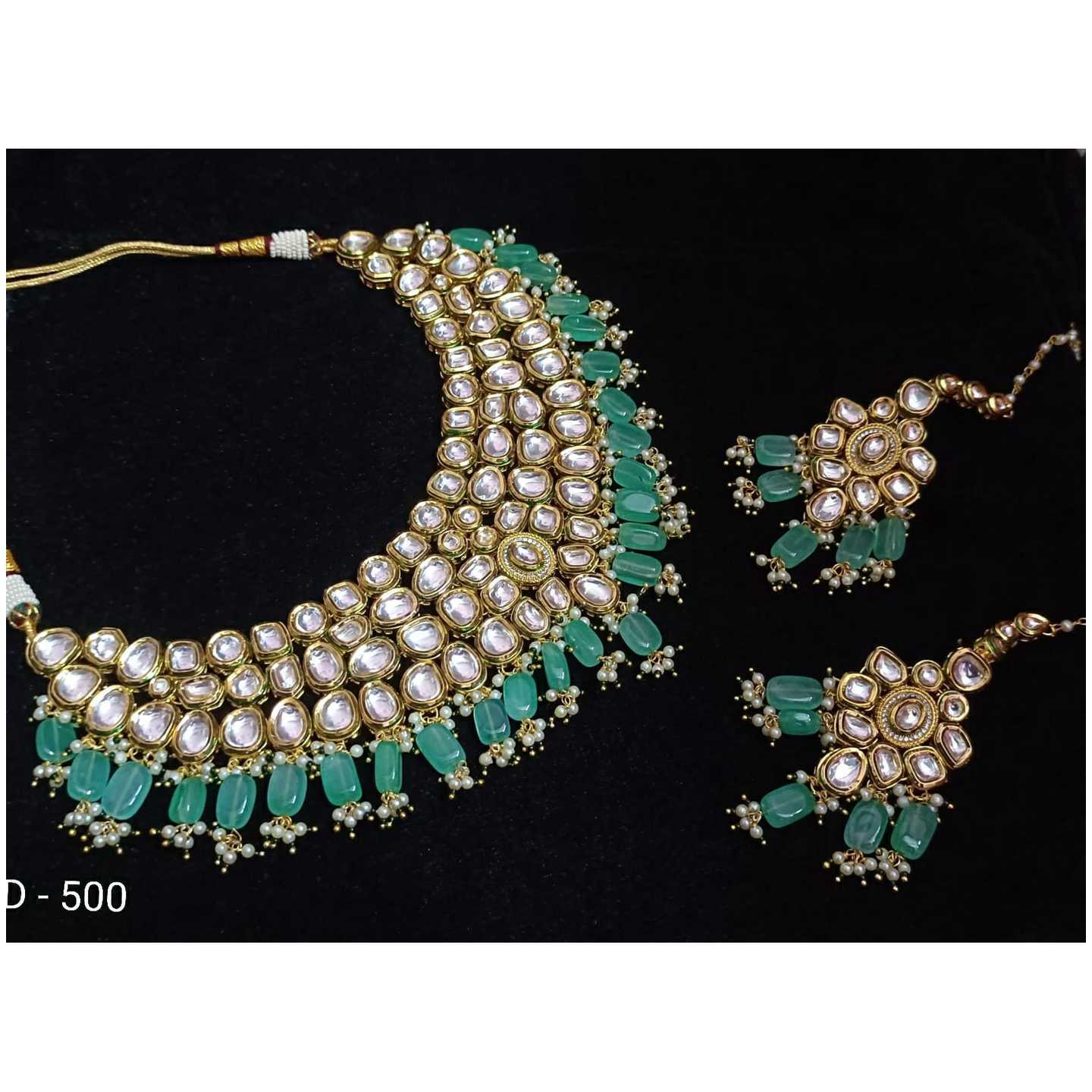 Green Kundan Necklace Set With Earring Onyx Stone