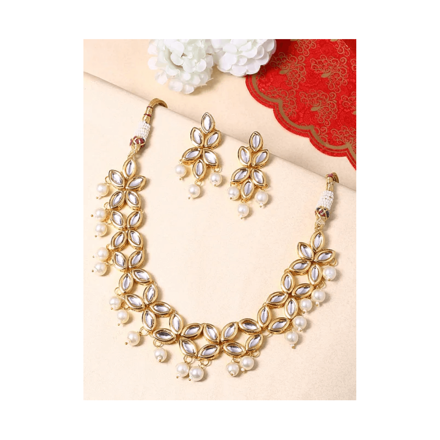 Gold Tone Kundan Necklace With Earring