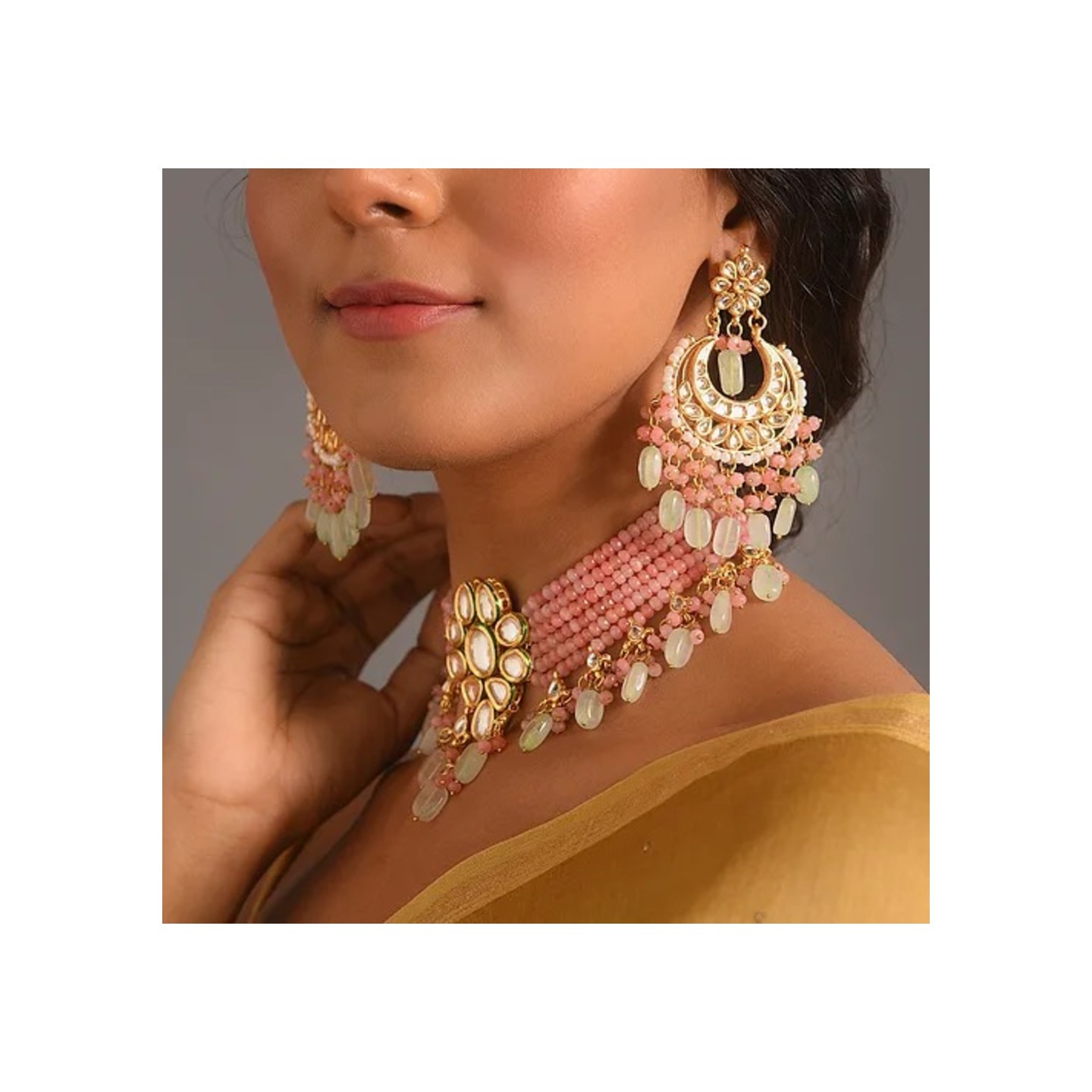 Pink Gold Tone Kundan Necklace Set