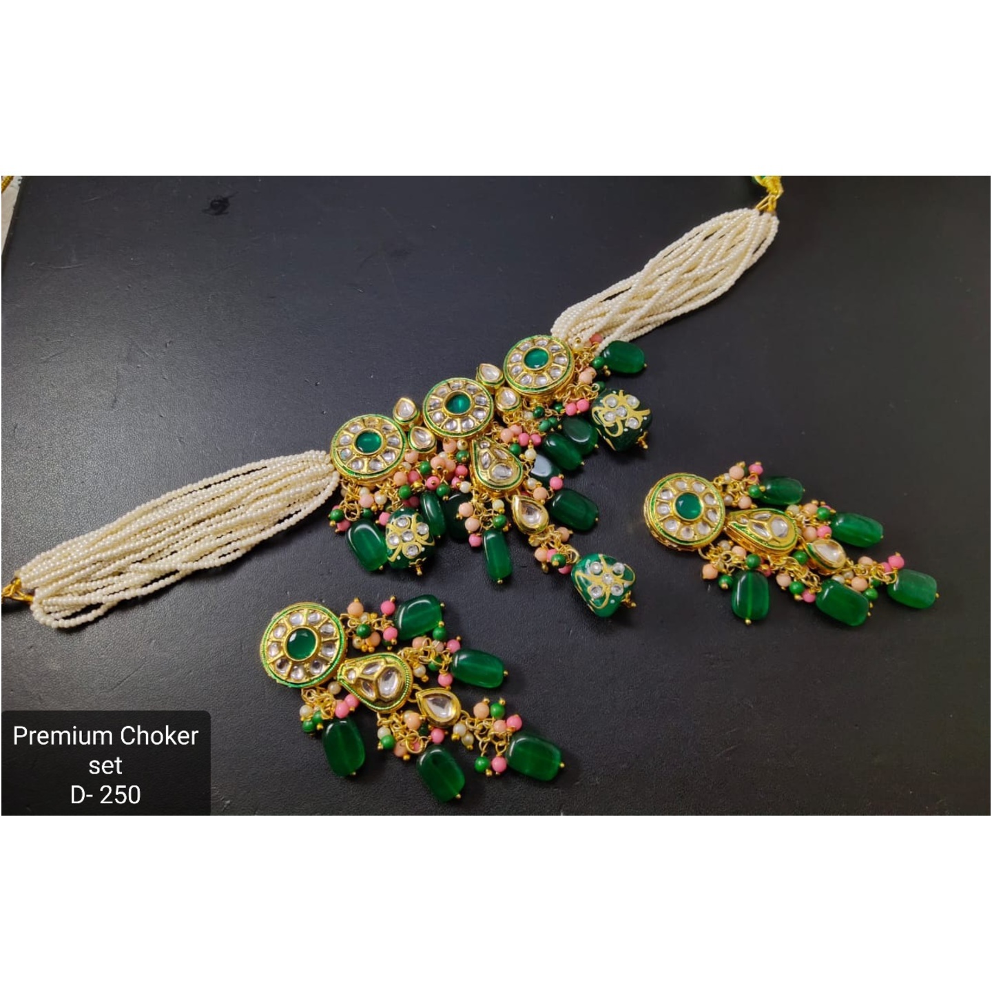 Kundan White Pearl Choker Green Stone with Earrings
