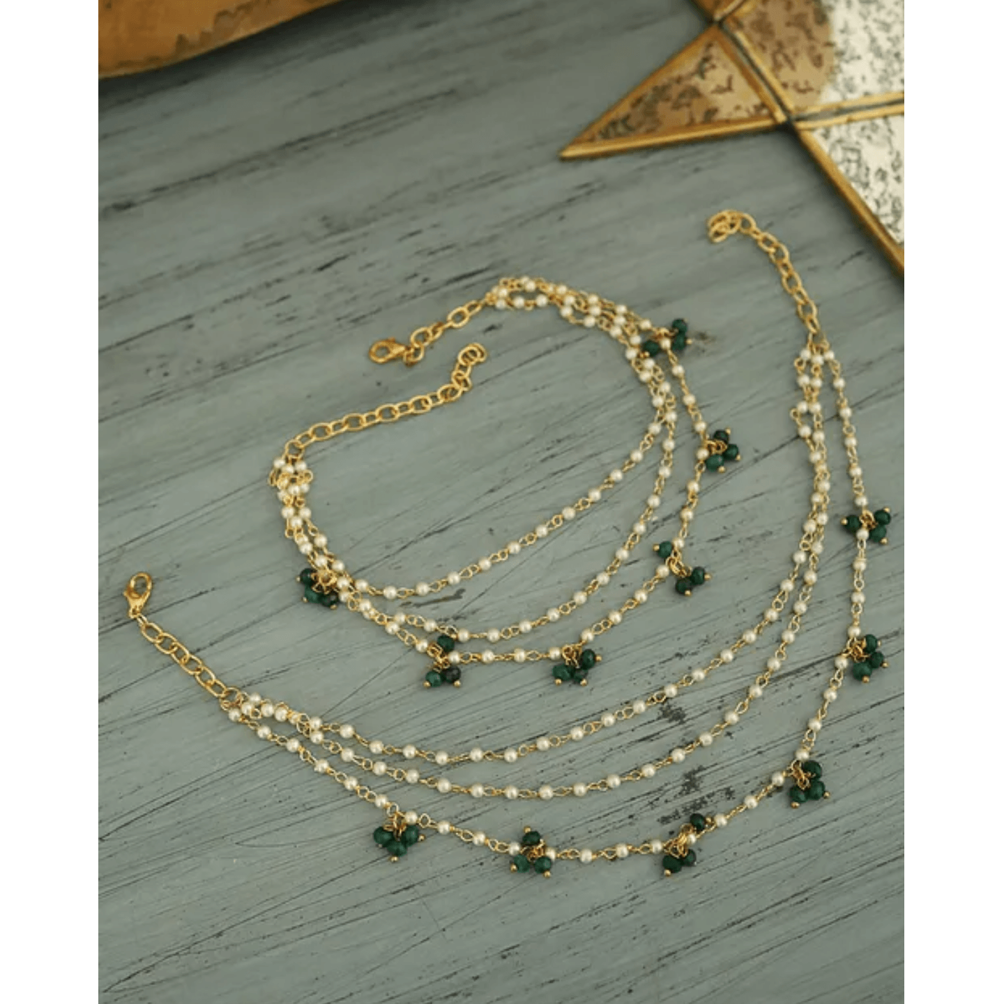Kundan Anklets Triple Layer Onyx Green
