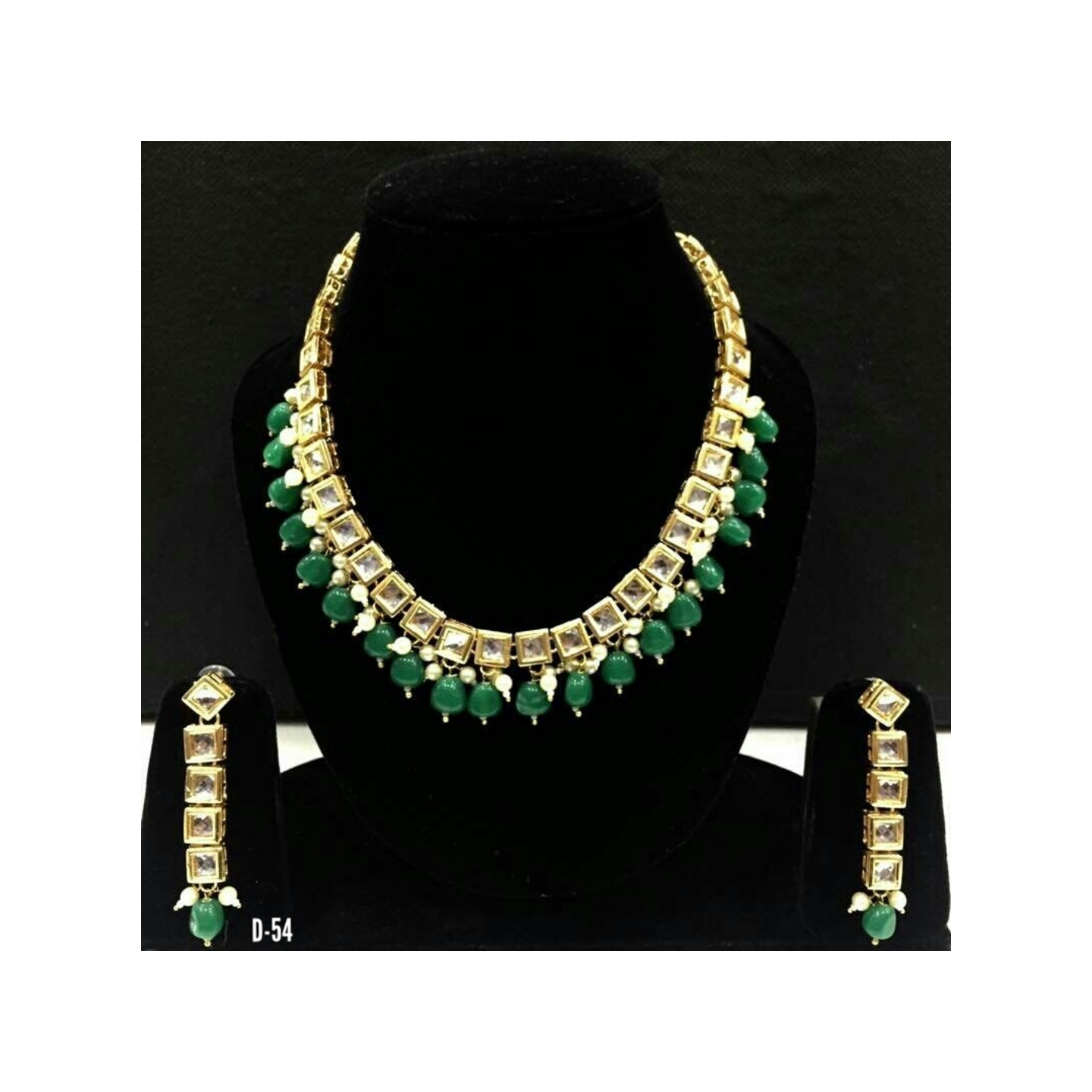 Kundan Necklace Set With Earring Green Onyx Stone