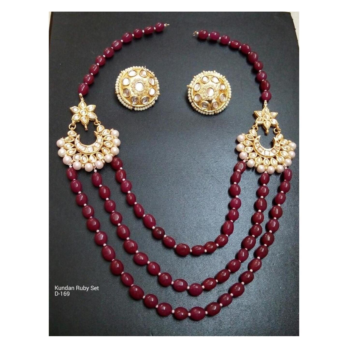 Kundan Ruby Red Onyx Pearl Necklace Set With Earring