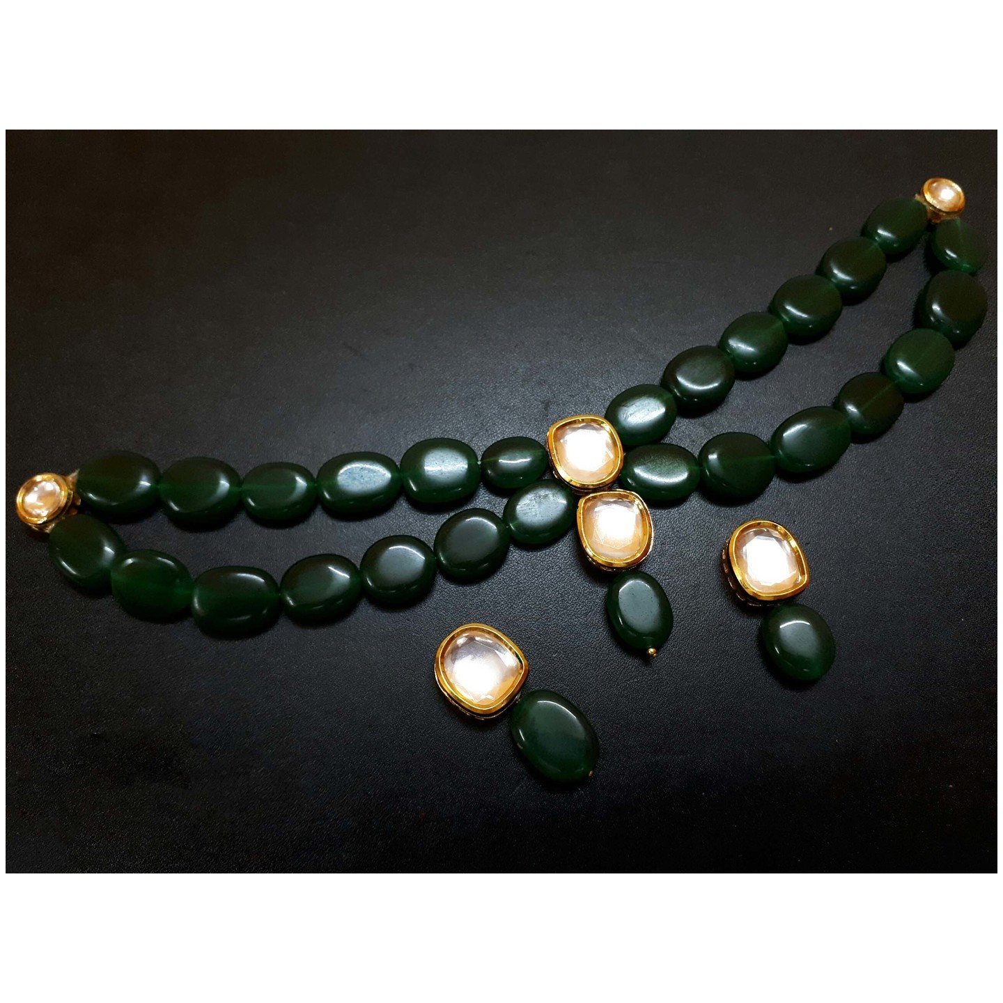 Green Gold Tone Kundan Necklace Set With Earring Onyx Pearls