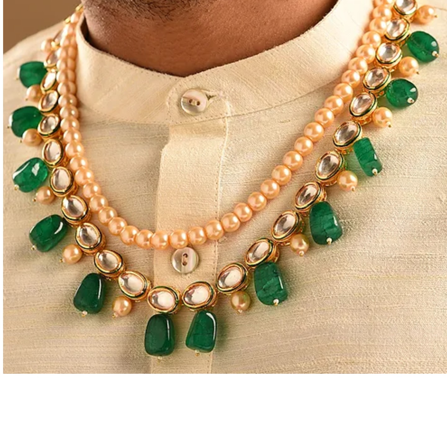 Green Gold Tone Kundan Necklace For Men