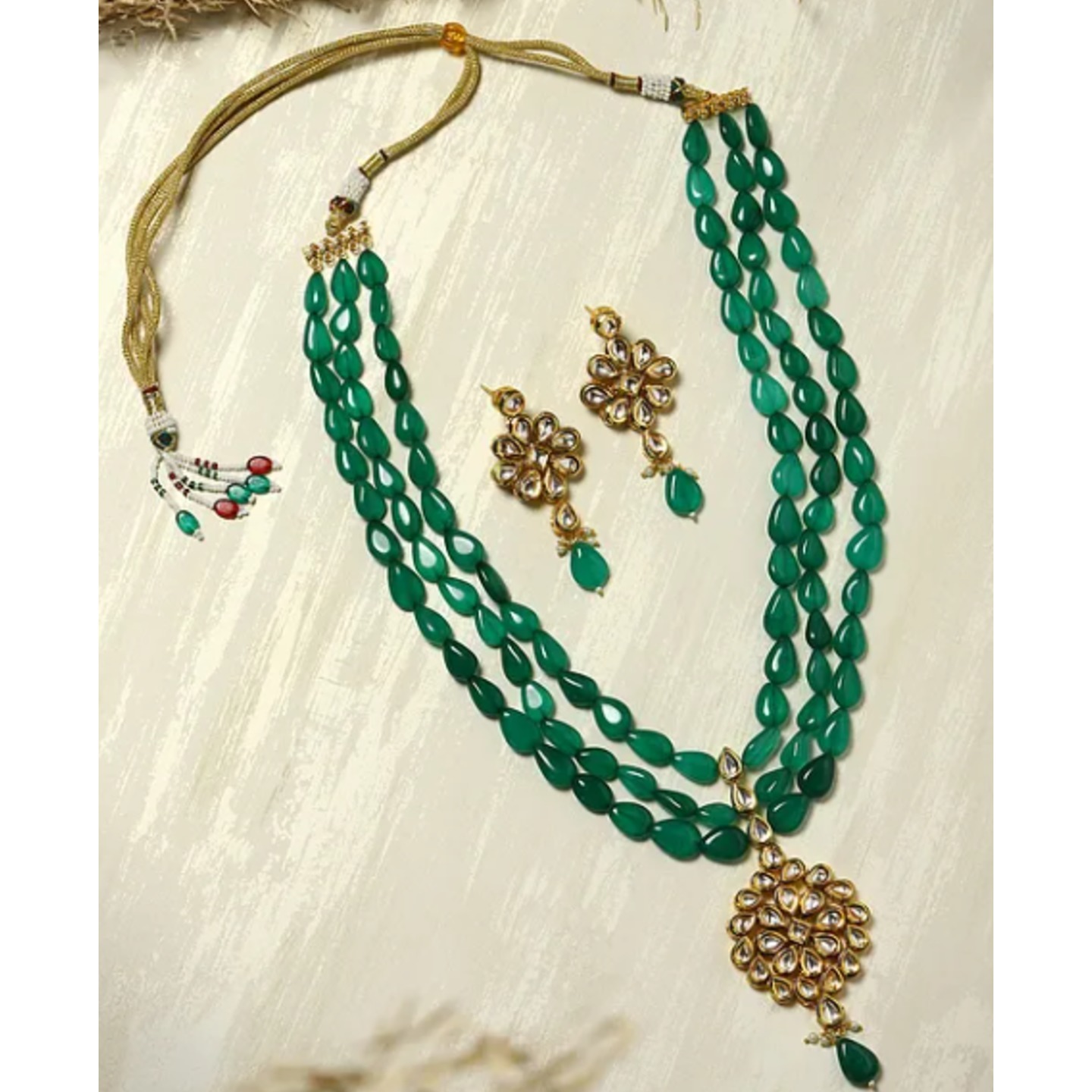 Green Gold Tone Kundan Beaded Necklace Set With Earring