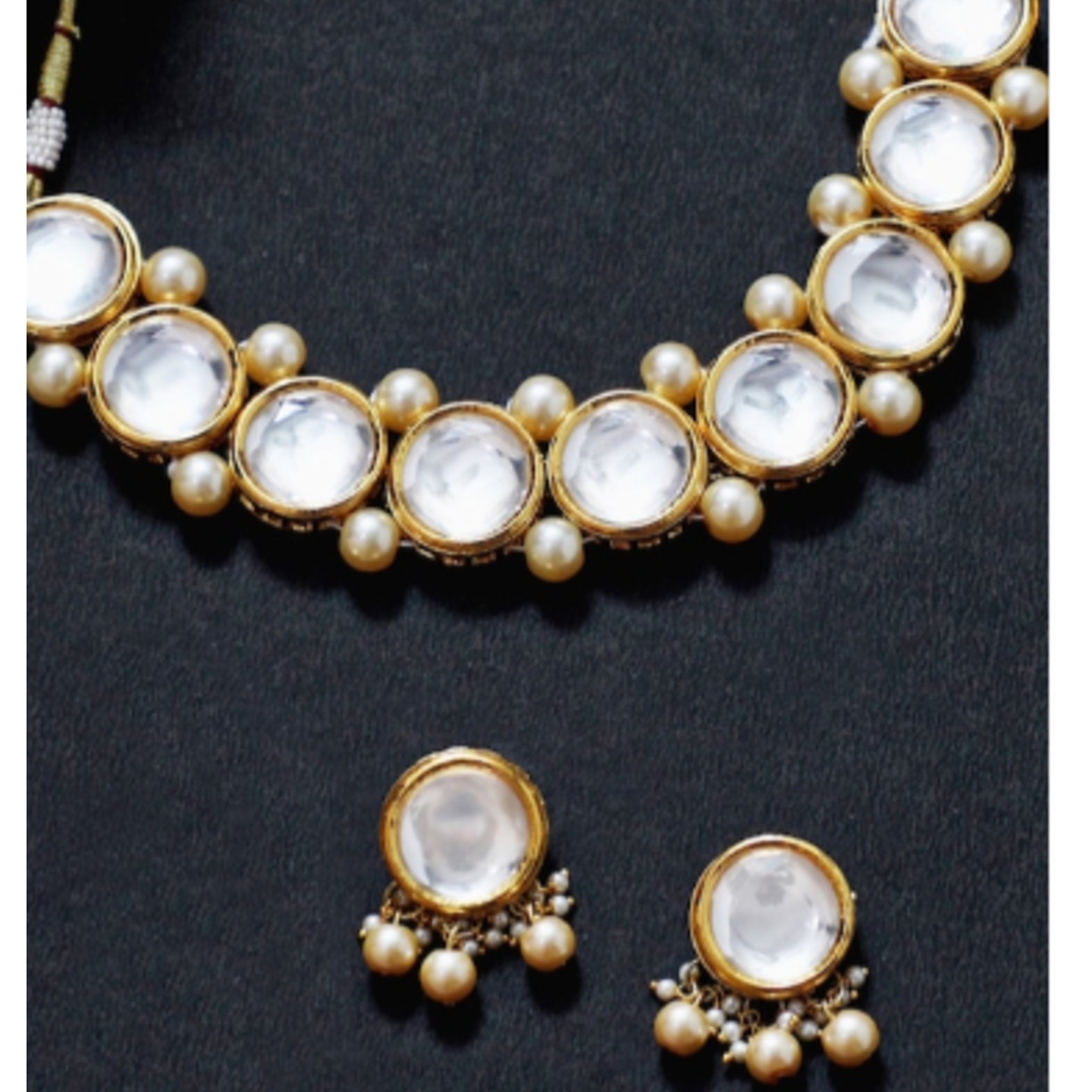 Gold-Plated & White Pearl Beaded Polki Kundan Handcrafted Choker Necklace Set With Earring