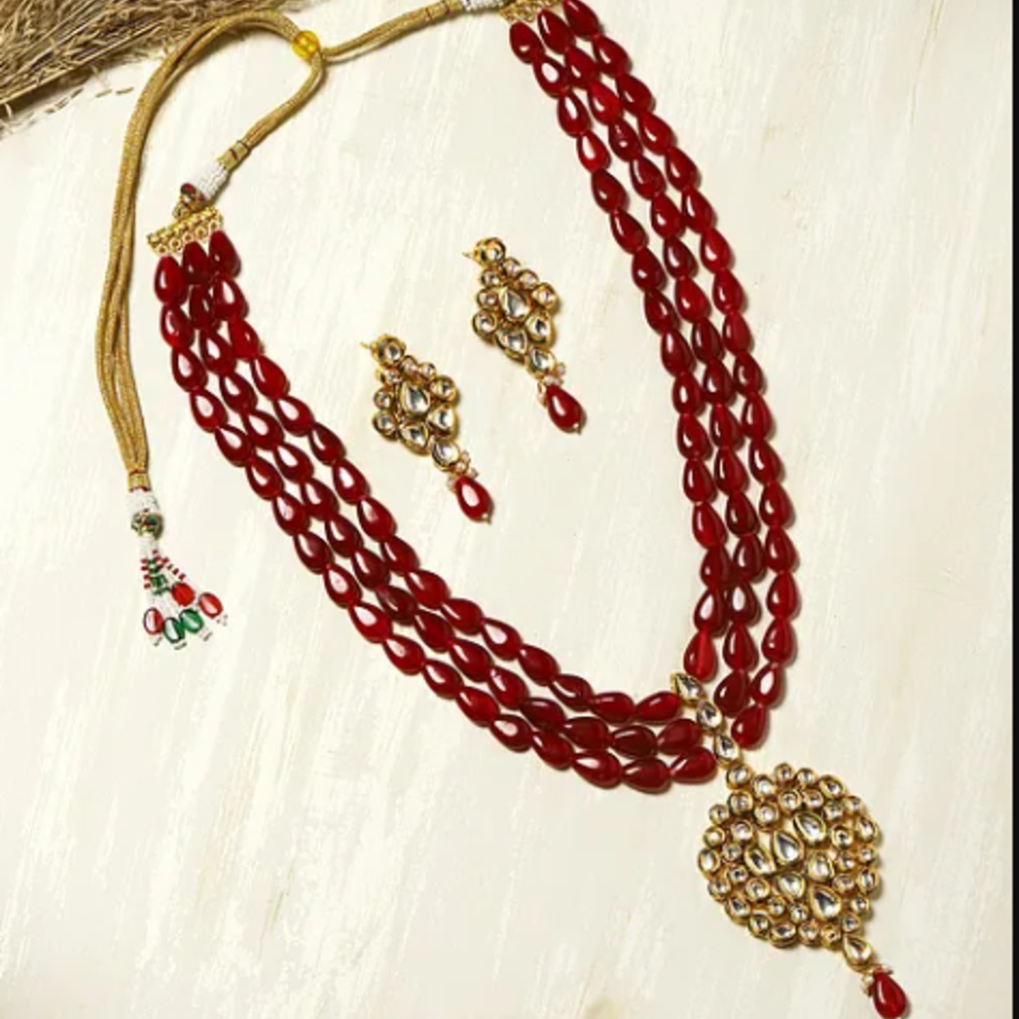 Maroon Gold Tone Kundan Beaded Necklace Set